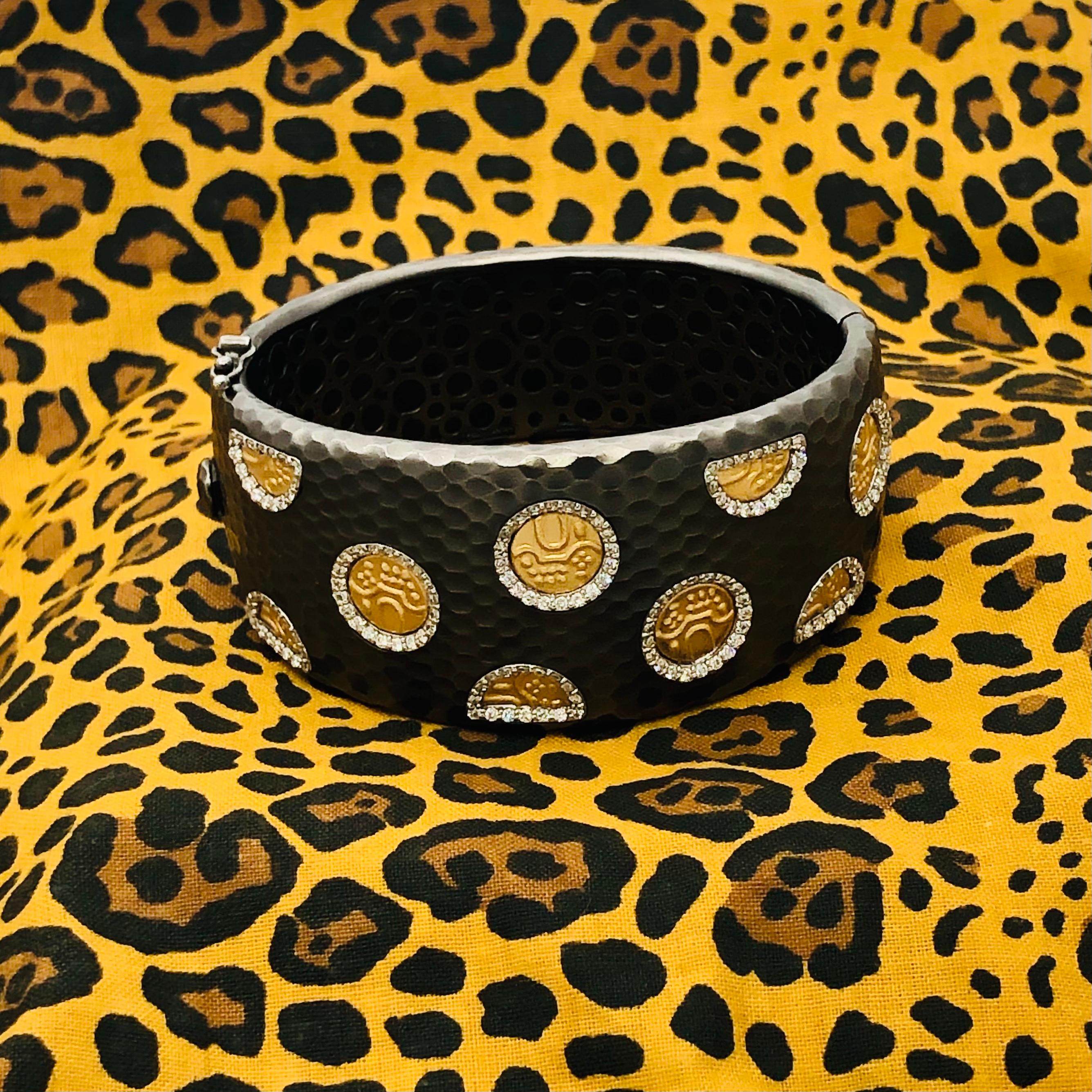 Brilliant Cut Roberto Coin Hammered Cuff Bracelet with Gold Motifs and Diamonds