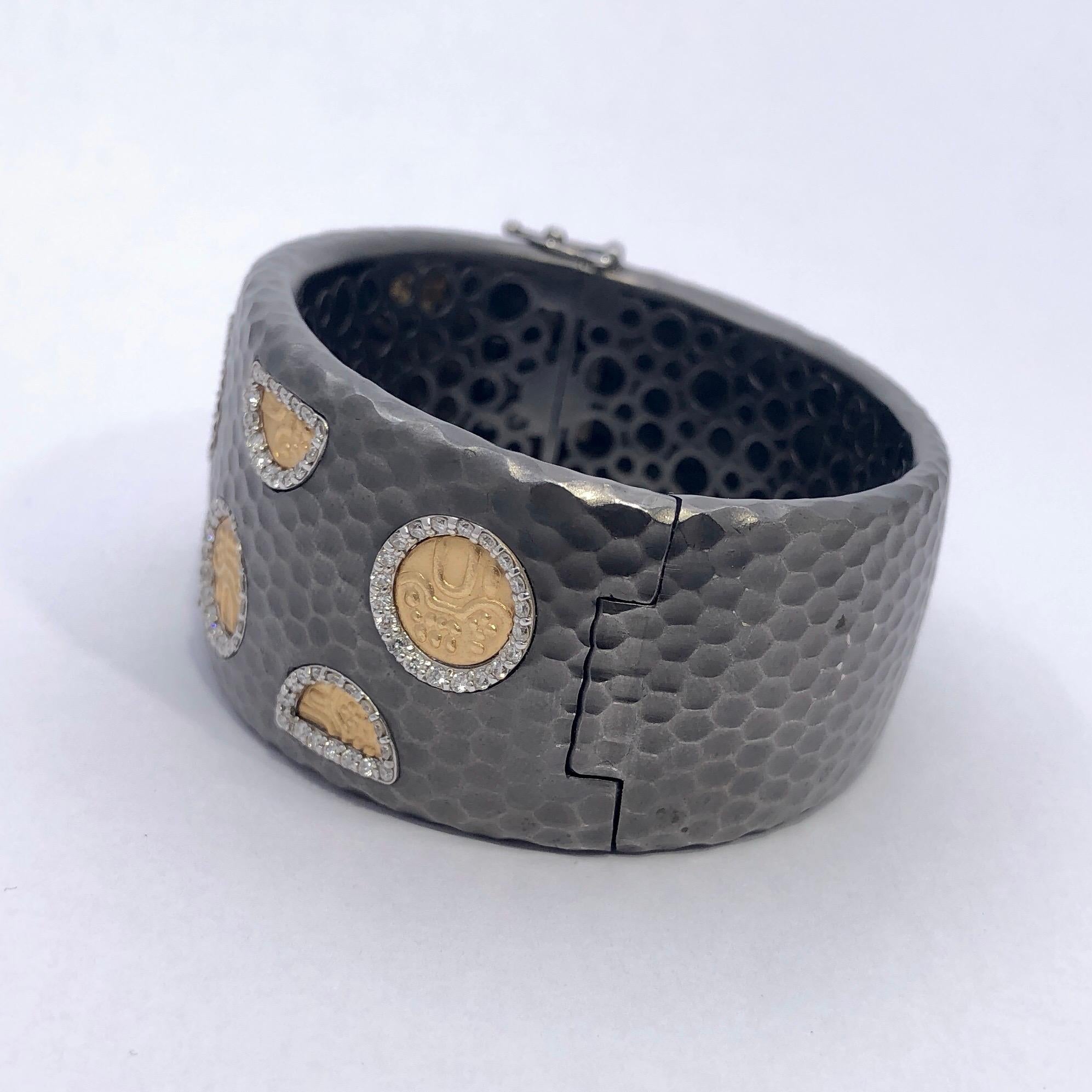 Women's Roberto Coin Hammered Cuff Bracelet with Gold Motifs and Diamonds
