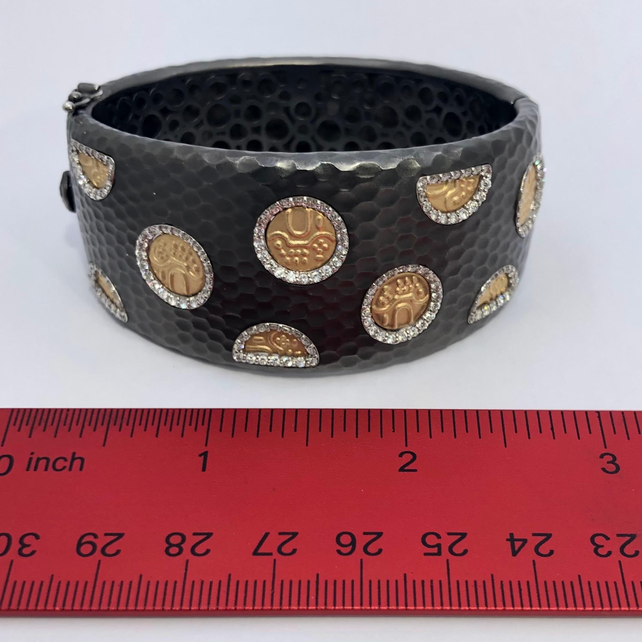 Roberto Coin Hammered Cuff Bracelet with Gold Motifs and Diamonds 2