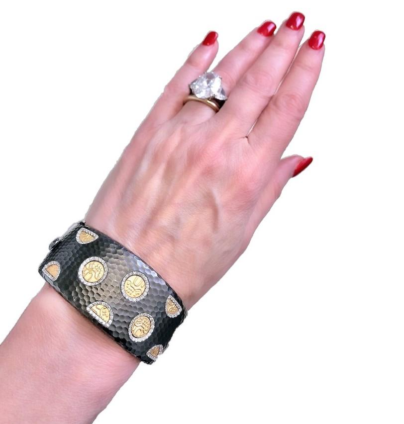 Roberto Coin Hammered Cuff Bracelet with Gold Motifs and Diamonds 4