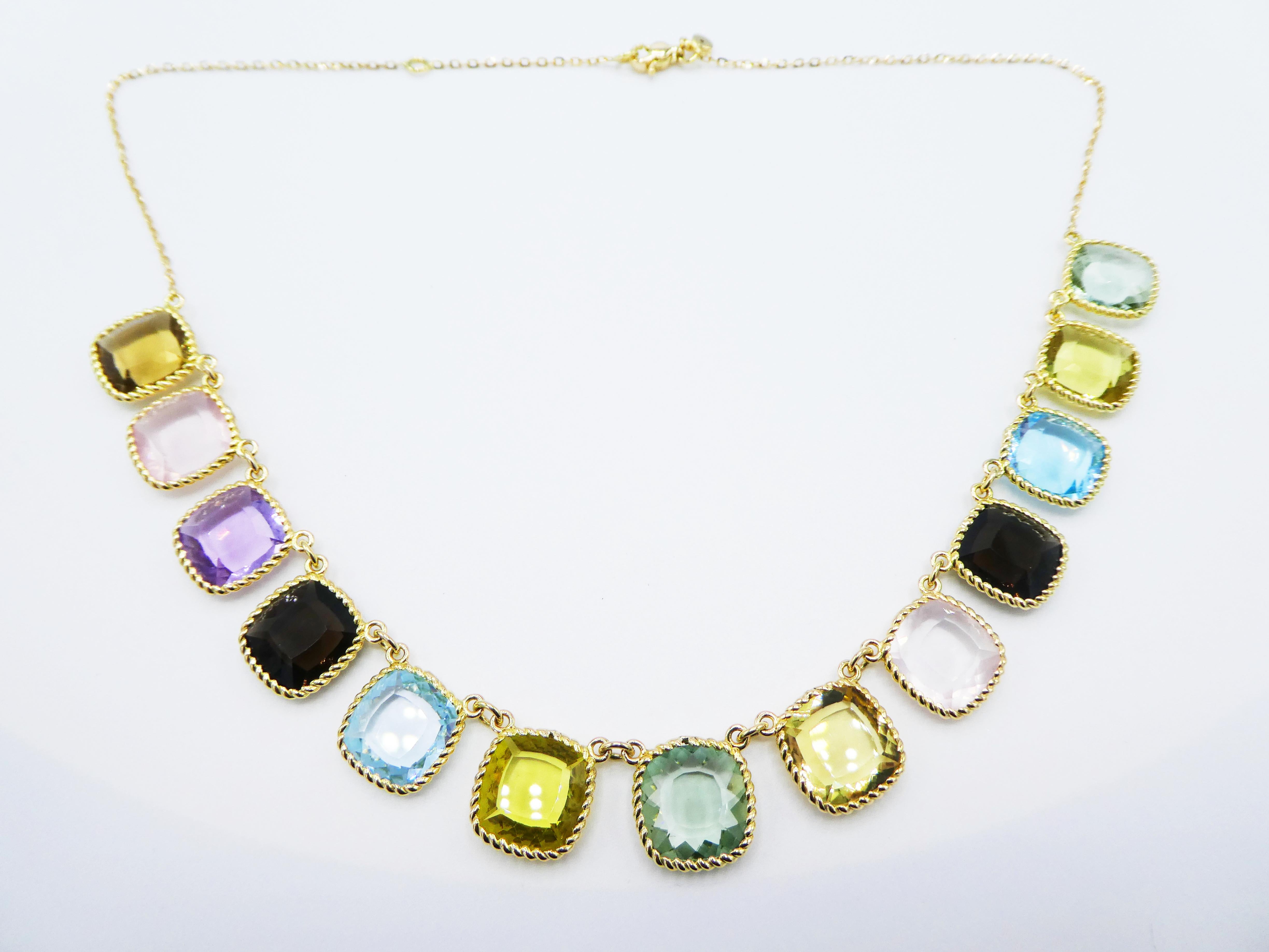 Roberto Coin Ipanema 18K Yellow Gold Multi-Colored Gemstone Necklace

Metal: 18k yellow gold
Weight: 26.44 grams 
Length: 17.5 inches including 1.5 inch extension
Can be adjusted to 16 inches