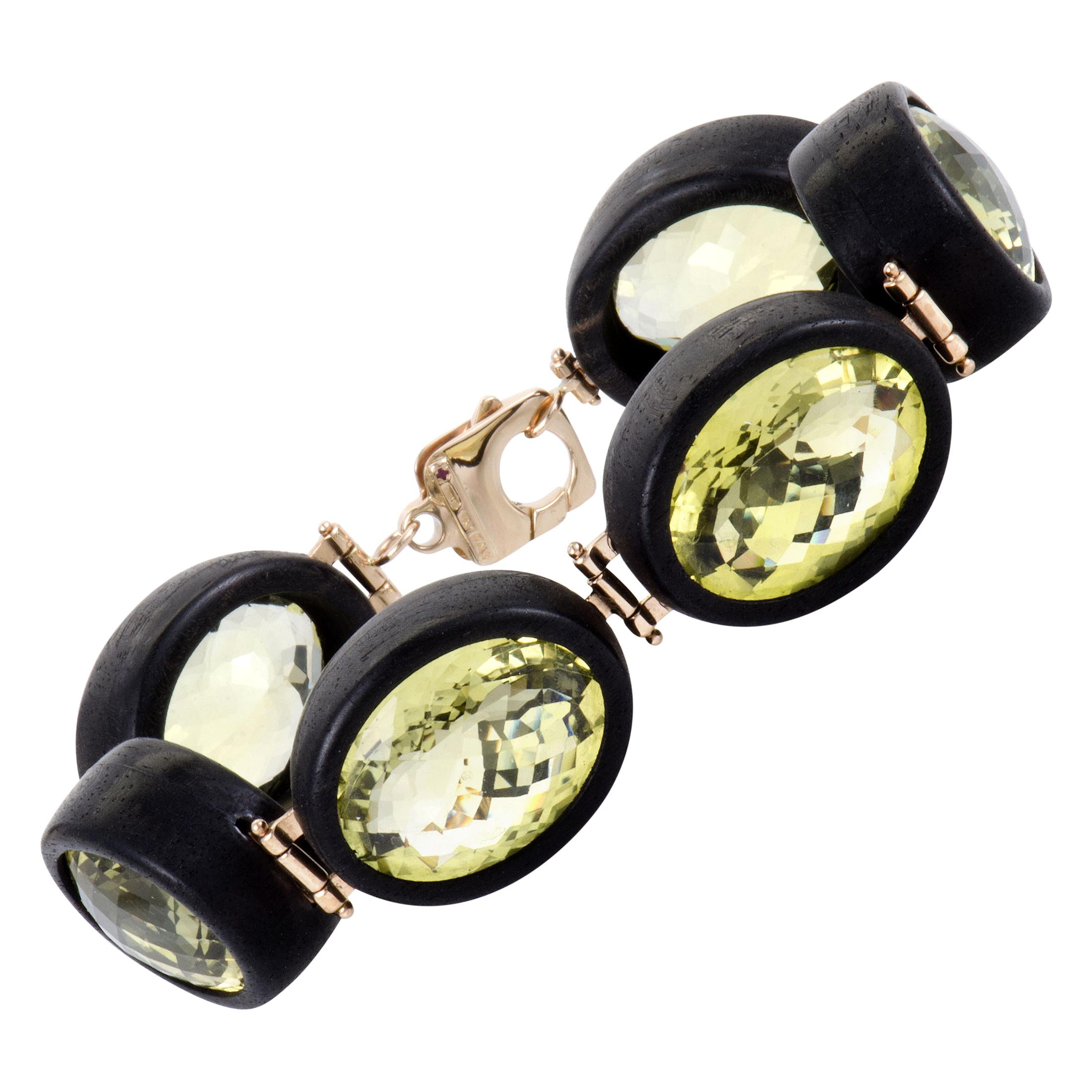 Roberto Coin Ipanema Womens 18 Karat Gold Lemon Quartz and Black Wood 6 Oval Bra