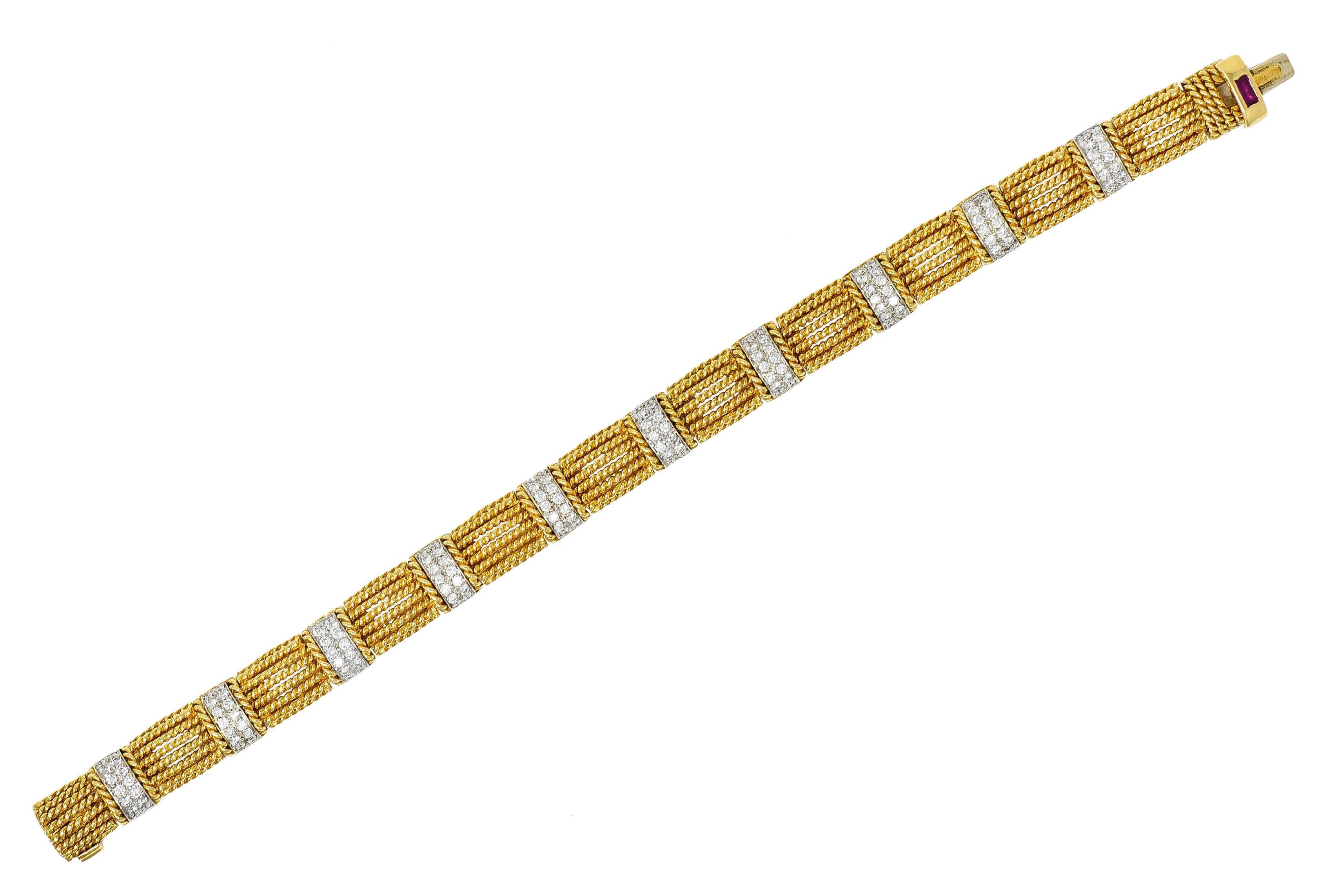 Bracelet is comprised of cushion shaped twisted rope links alternating with pavè diamond bar links

Round brilliant cut diamonds are set in white gold and flanked by additional gold twisted rope

Weighing in total approximately 2.00 carats with G/H
