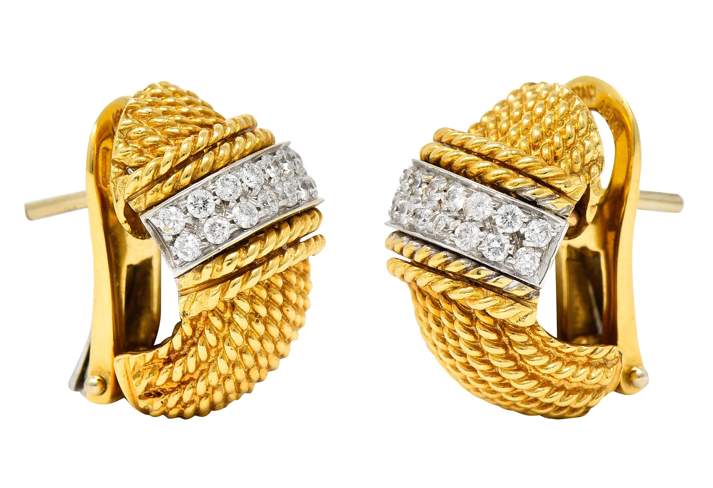 Women's or Men's Roberto Coin Italian Pave Diamond 18 Karat Two-Tone Gold Roman Barocco Earrings