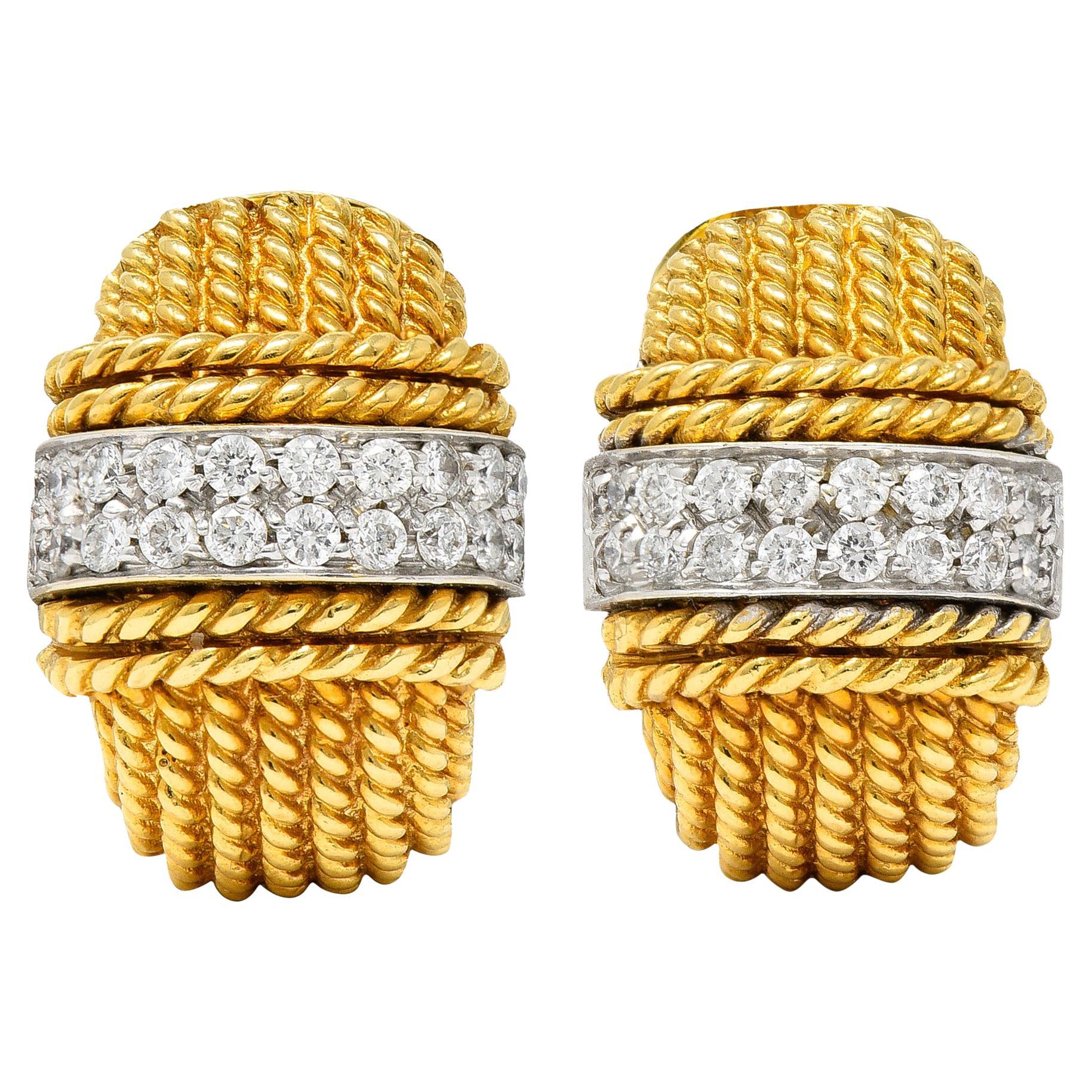 Roberto Coin Italian Pave Diamond 18 Karat Two-Tone Gold Roman Barocco Earrings