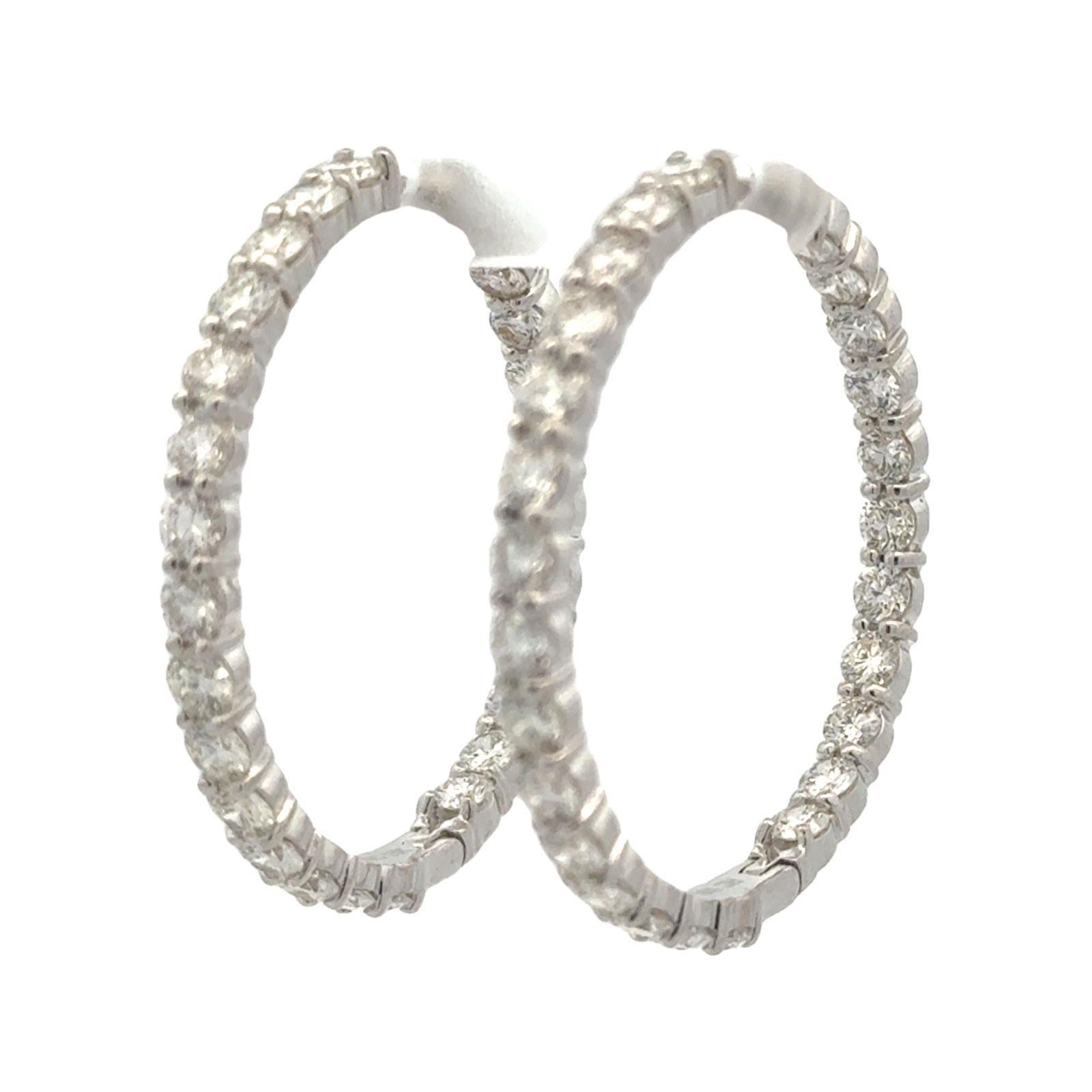 Round Cut Roberto Coin Large Inside Outside Diamond 18K White Gold Hoop Earrings For Sale