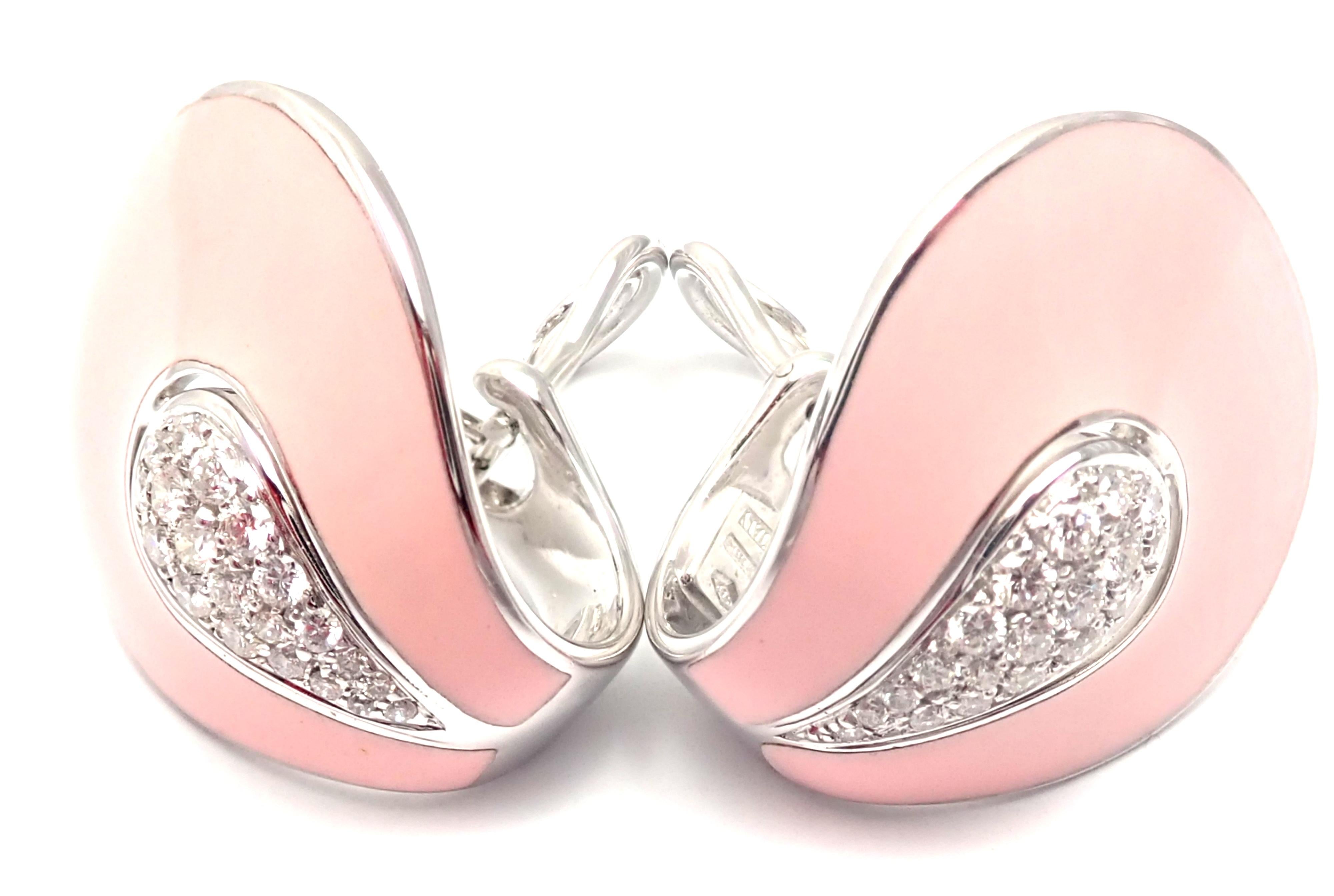 Roberto Coin Liberty Pink Enamel Diamond White Gold Earrings In Excellent Condition In Holland, PA