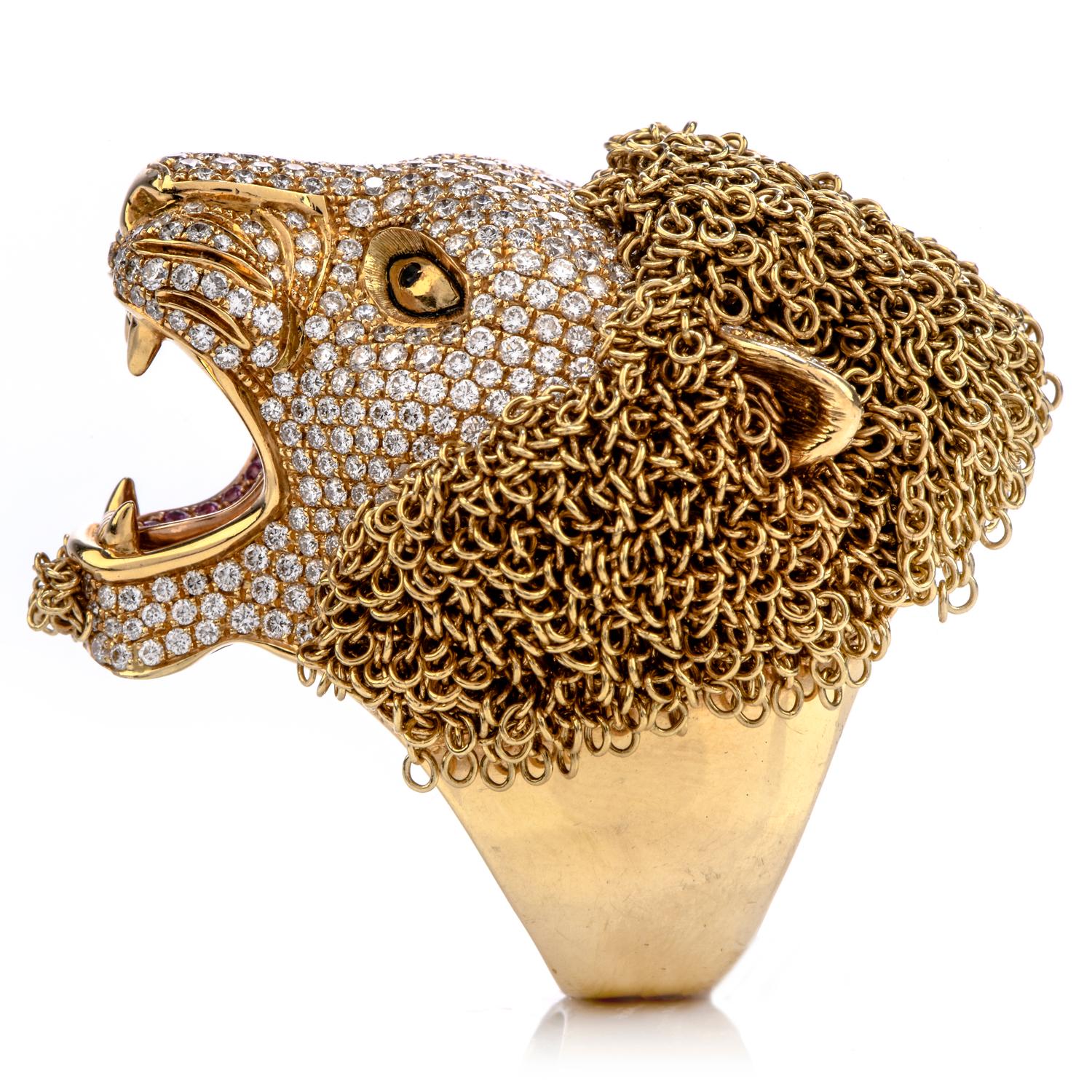 Enjoy This Masterpiece from the renown Designer Roberto Coin!

This is a Limited Edition Lion's Head Cocktail Ring, with an exquisite  made of gold links. 

Hand crafted from Italy in Solid 18K Yellow Gold,

Symbolizing majesty, courage, strength