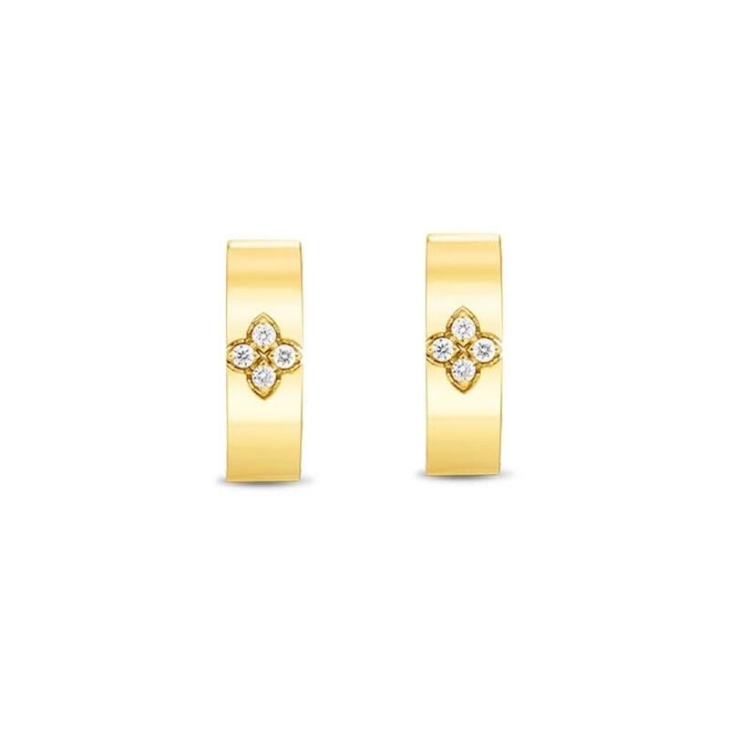 Roberto Coin Love in Verona Diamond Accent Small Hoop Earring in 18k Yellow Gold with Diamond.
Diamond:-0.05 total carat weight 
Post with snap hoop closer.
8882970AYERX
