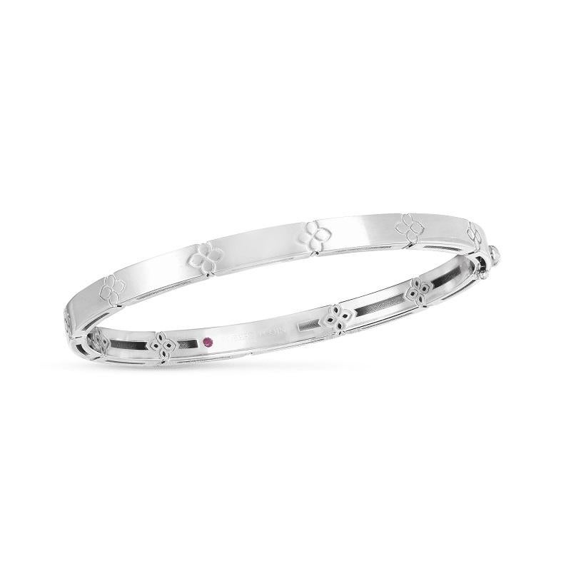Roberto Coin 18K White Gold Love in Verona Narrow Width Bangle 
Hinged Bangle with Hidden Safety Clasp 
Bangle Measure 4.5mm Wide 
Standard Size Measure 48mm X 58mm 
7773203AWBA0
