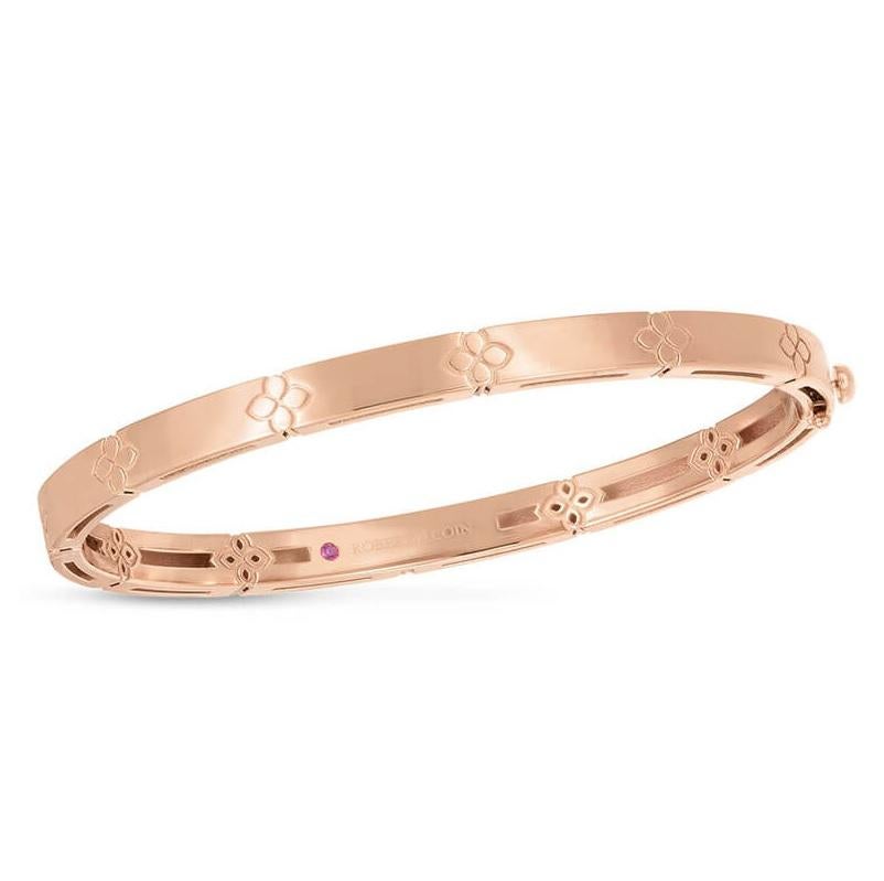 Roberto Coin Rose Gold Love in Verona narrow Width Bangle
18k Rose Gold 
Hinged Bangle with Hidden Safety Clasp 
Bangle measure 4.5mm wide 
Standard Size measure 48mm x 58mm
7773203AXBA0



