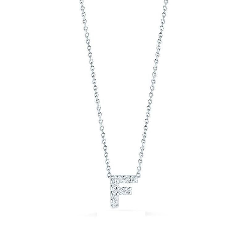 Love Letter F Pendant with Diamonds in 18k white Gold 
Diamonds 0.05 carat total weight 
Chain 18