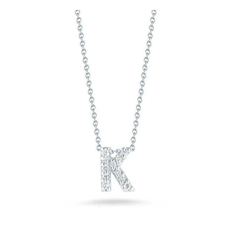 Roberto Coin Love Letter 'K' Pendent with Diamonds 
18k White Gold 
Diamonds 0.05 carat Total Weight 
Chain Length 18