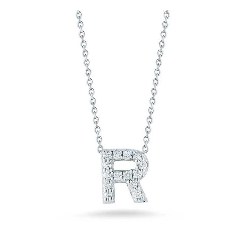 Roberto Coin Love Letter 'R' Pendent with Diamonds 
18k White Gold 
Diamonds 0.06 carat Total Weight 
Chain Length 18