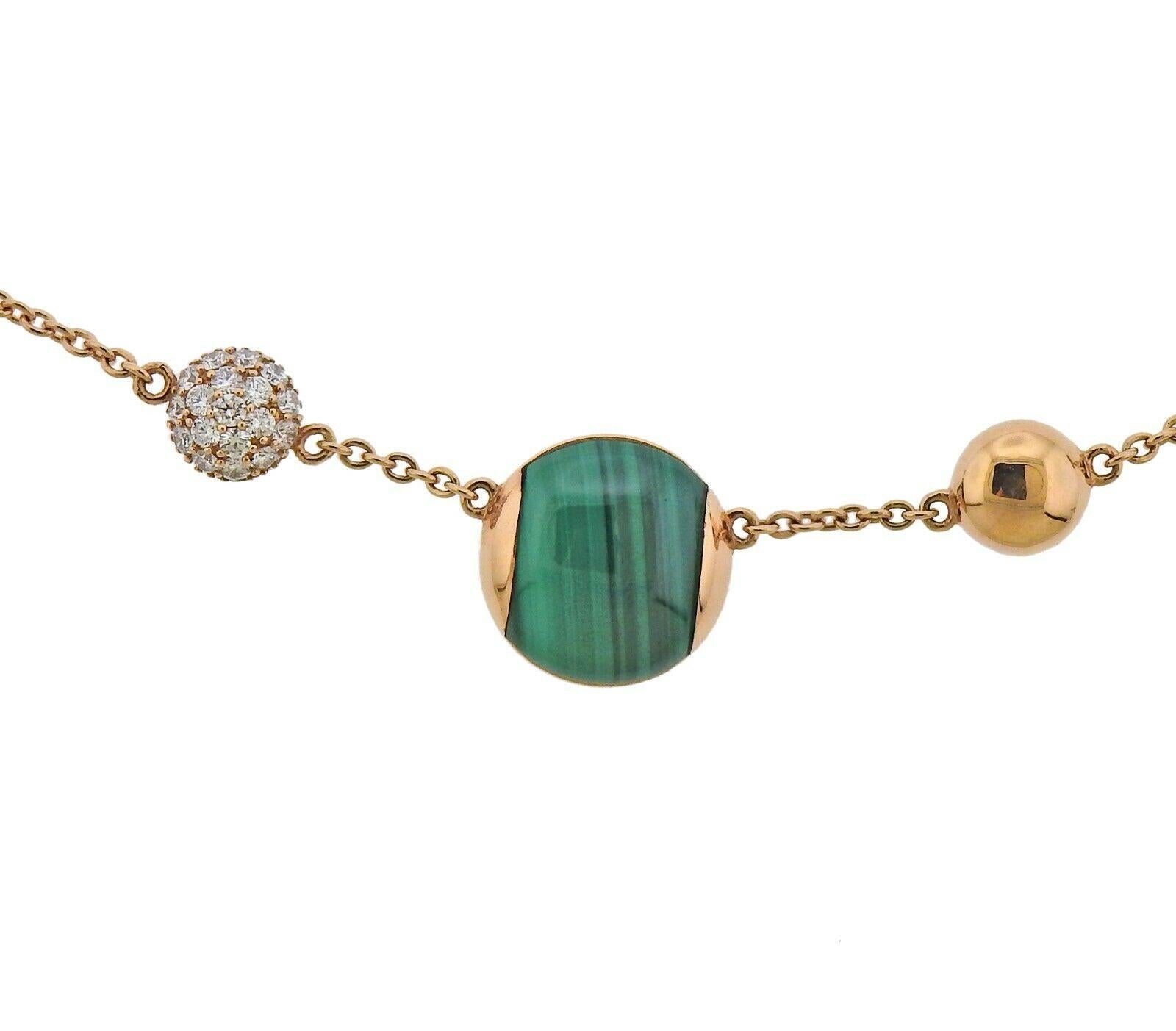New Roberto Coin necklace in 18k rose gold, with malachite and approx. 0.22ctw in G/VS diamonds. Retail $4950, with box/papers. Necklace is 18
