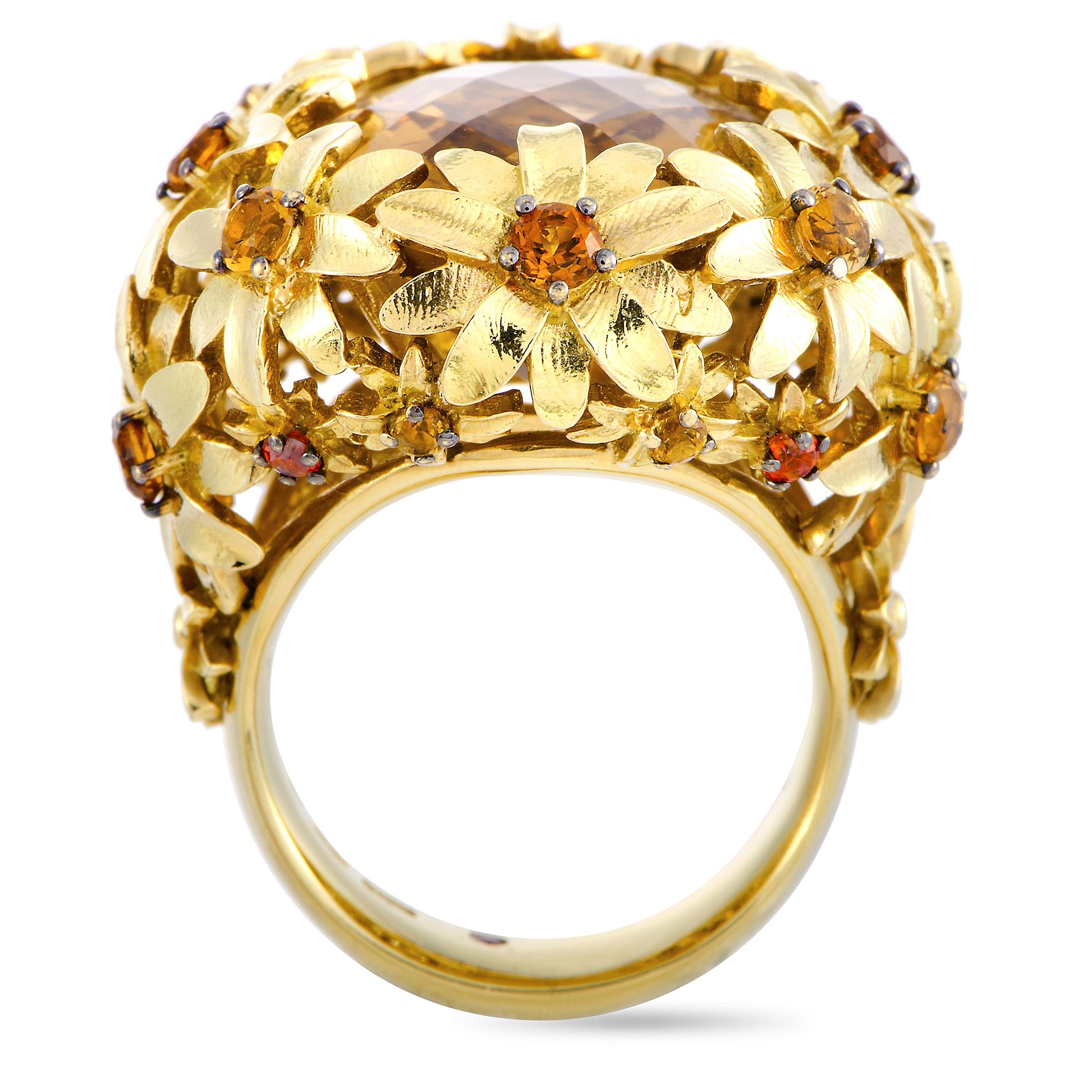 The Roberto Coin “Margherita” ring is crafted from 18K yellow gold and embellished with citrines. The ring weighs 29 grams, boasting band thickness of 4 mm and top height of 10 mm, while top dimensions measure 30 by 27 mm.

This item is offered in