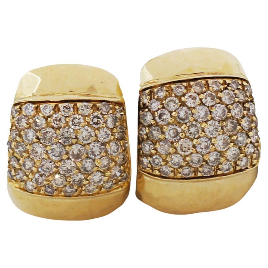 Roberto Coin Martellato 18K Gold Diamond Wide Earrings For Sale