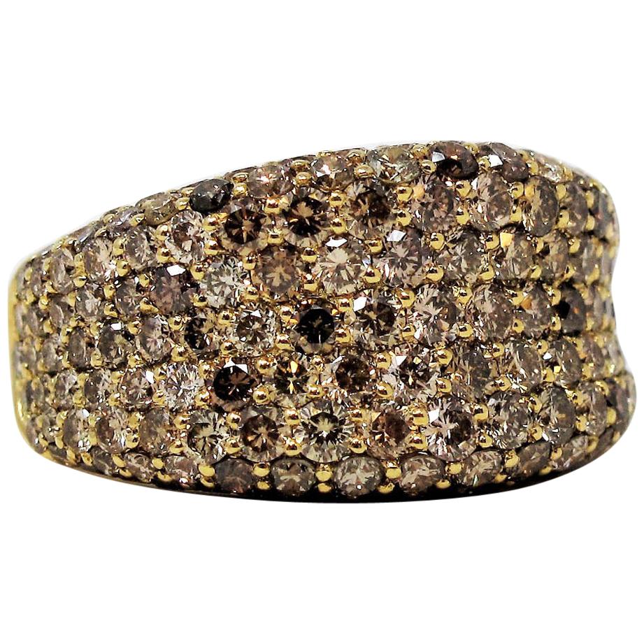 Roberto Coin Multi Row Champagne Diamond Pave Concave Ring 18 Karat Yellow Gold