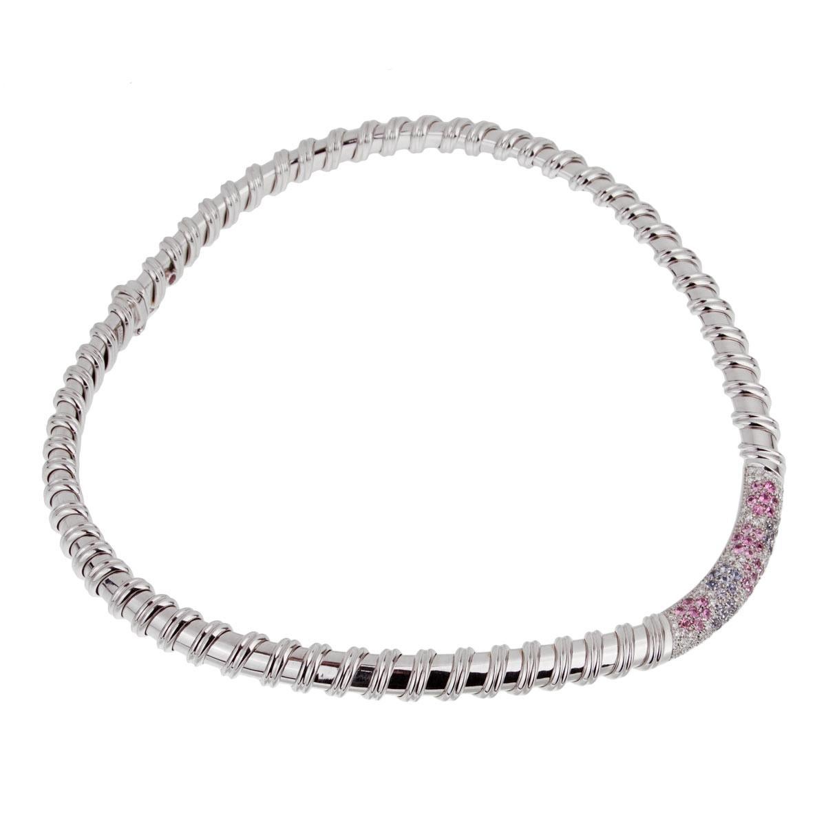 An iconic Roberto Coin necklace from the Nabucco collection, the necklace is set with round brilliant cut diamonds, pink and blue sapphires in shimmering 18k white gold.