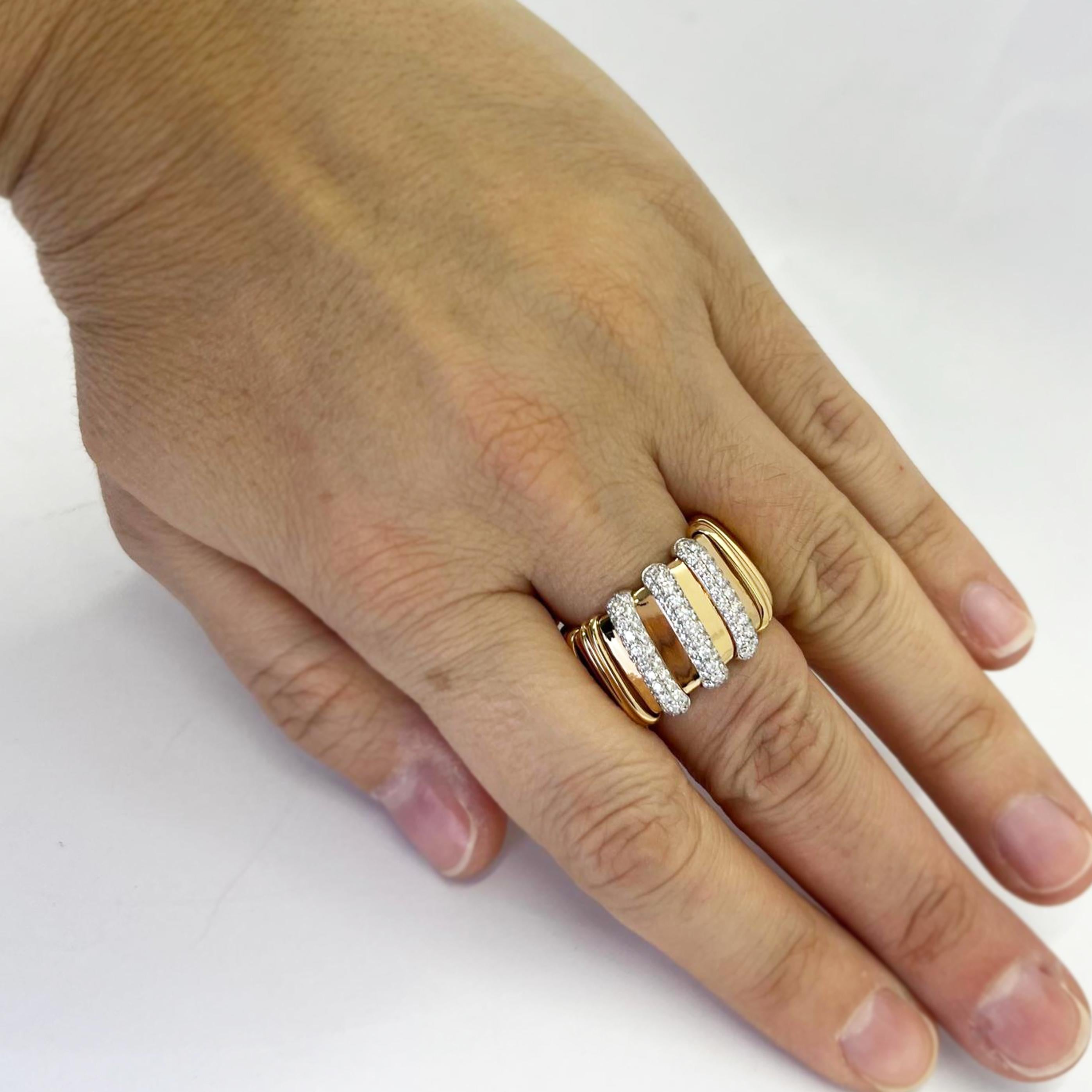 Roberto Coin 18 karat rose gold wide Nabucco ring featuring 93 round brilliant cut diamonds of SI clarity and G/H color totaling 0.85 carats. Open back with spring design, fits multiple sizes around 7. $8,550 MSRP. Finished weight is 16.4 grams.
