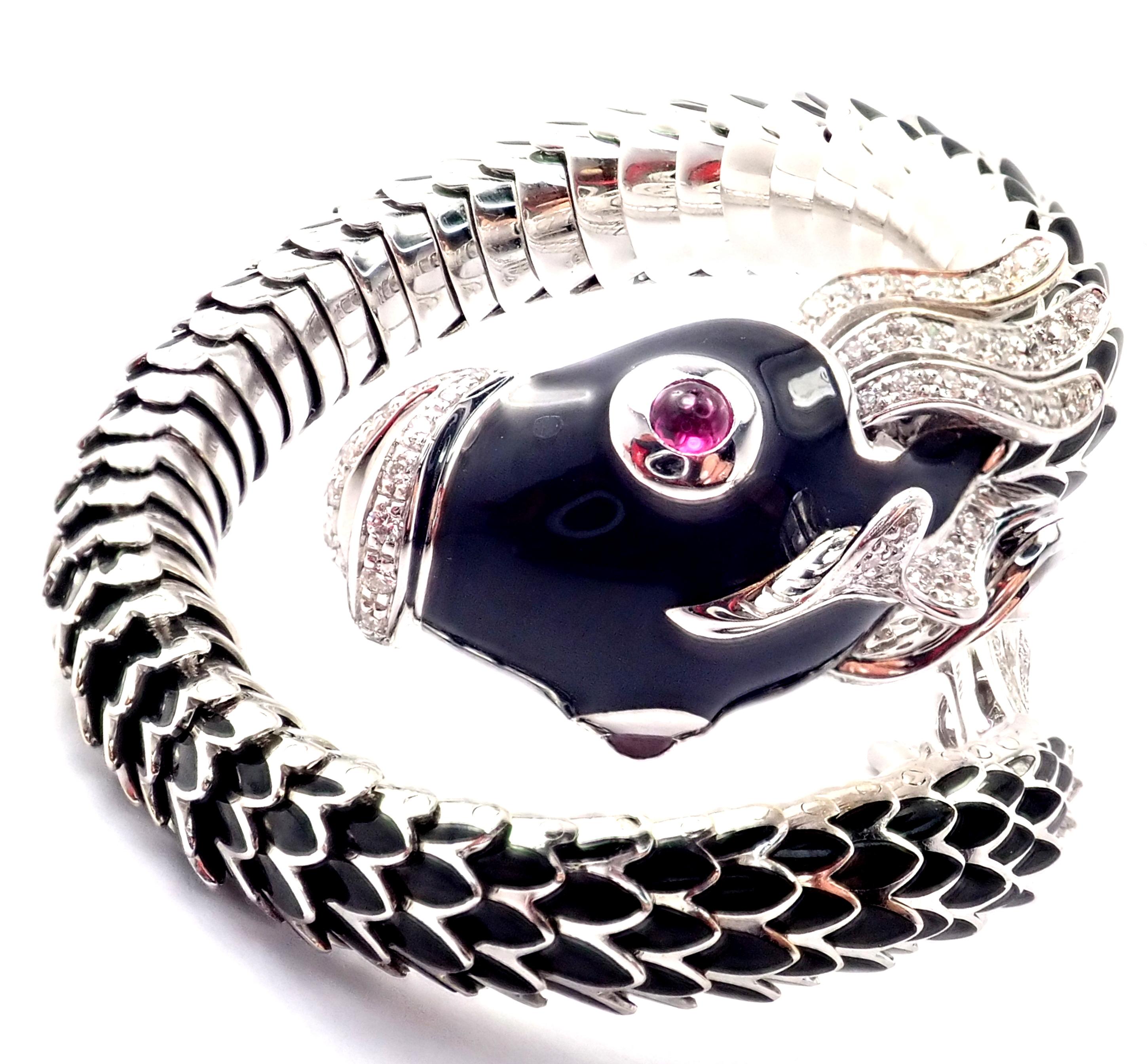 Roberto Coin Nemo Diamond & Ruby Enamel White Gold Bangle Bracelet For Sale 3
