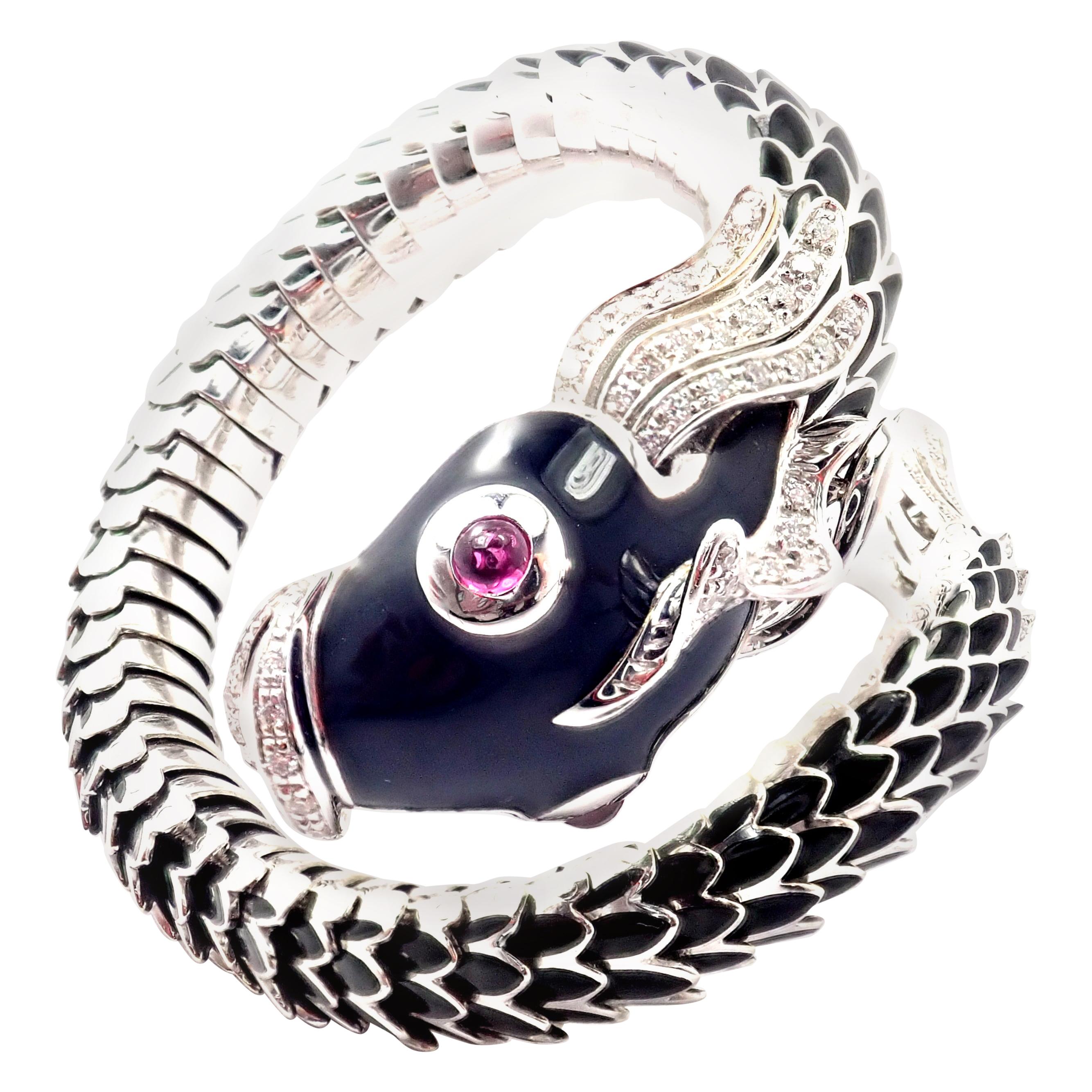Roberto Coin Nemo Diamond & Ruby Enamel White Gold Bangle Bracelet For Sale