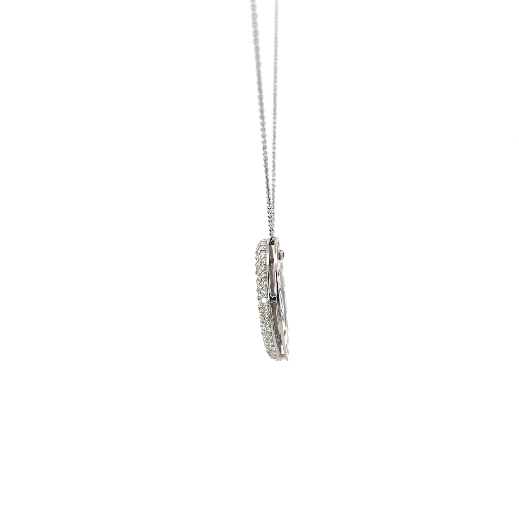 Roberto Coin Open Oval Diamond Pendant Necklace in 18K White Gold. The pendant features approximately 2.5ctw of brilliant round diamonds, F-G color, VS clarity. The pendant measures 1