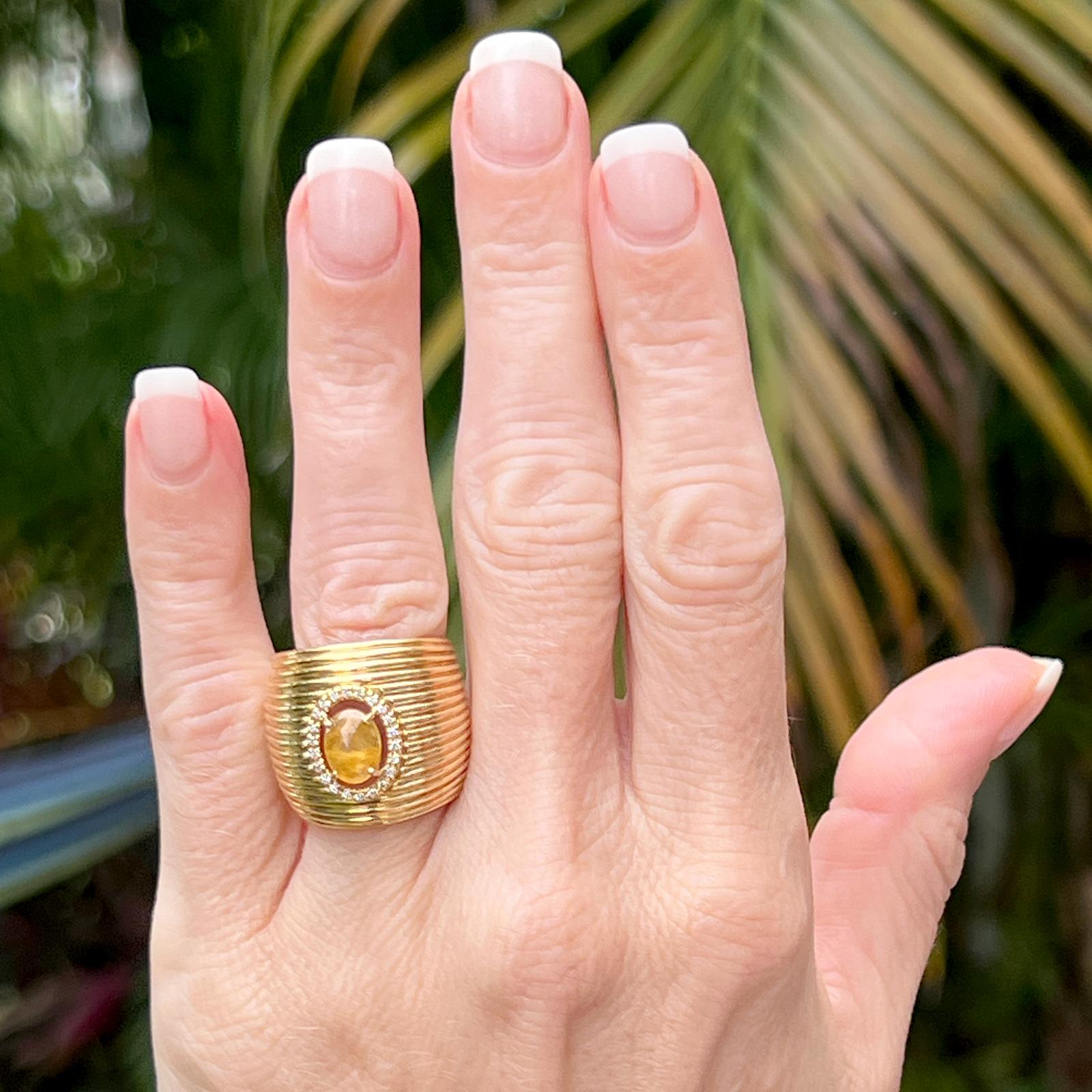 Modern Roberto Coin Oval Yellow Sapphire Diamond 18 Karat Yellow Gold Cigar Band Ring 