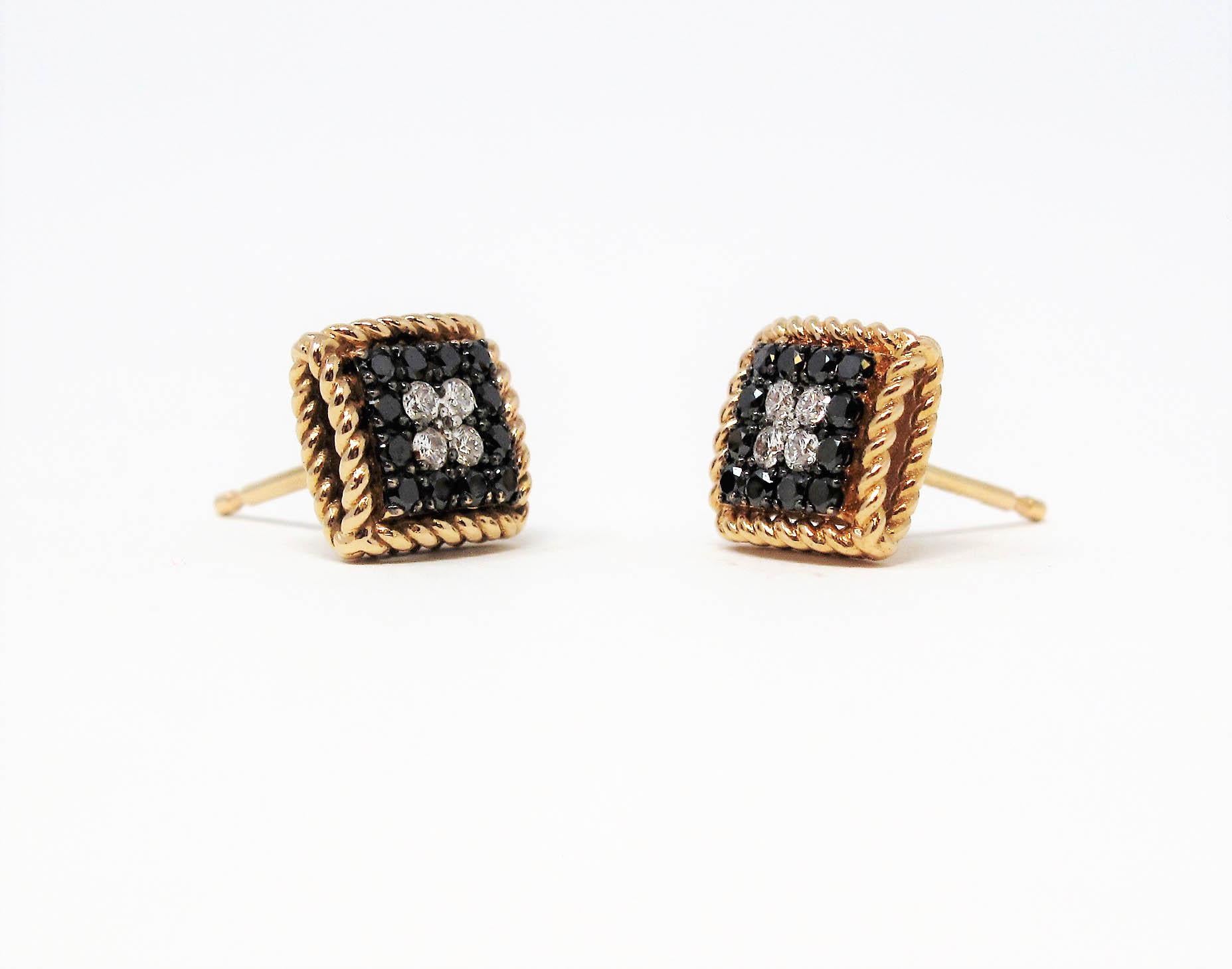 Exquisite, modern pave diamond stud earrings by esteemed jewelry designer, Roberto Coin. The stunning contrast of the black and white diamonds are brought together by the warmth of the rose gold setting. These stylish earrings are perfect for any