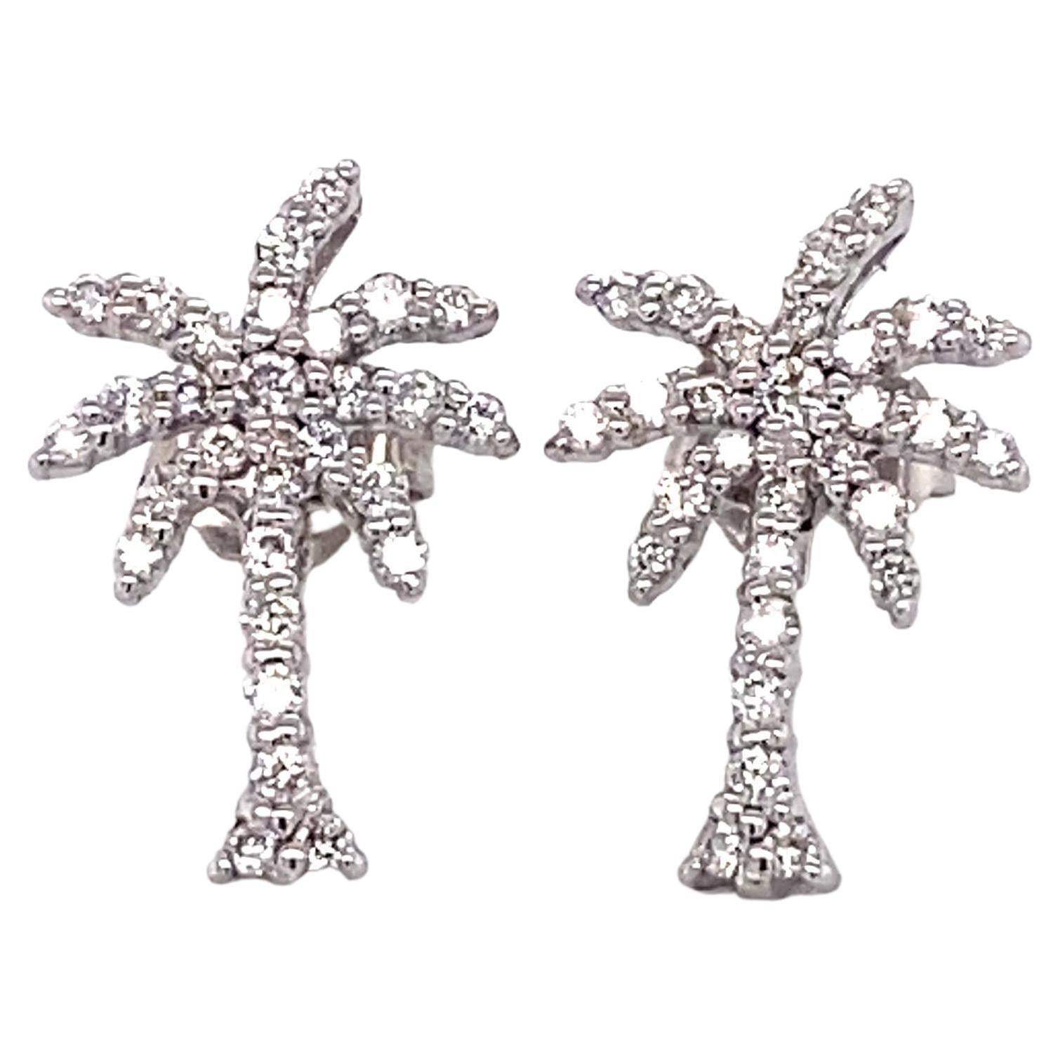 Roberto Coin Palm Tree Diamond Stud Earrings in 18 Karat White Gold For Sale
