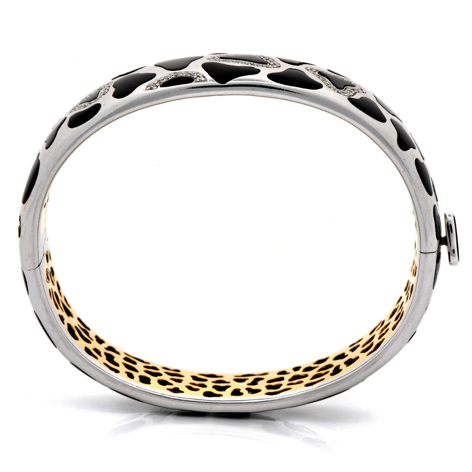Round Cut Roberto Coin Panda Diamond Black Onyx 18K White Gold Bangle Bracelet For Sale