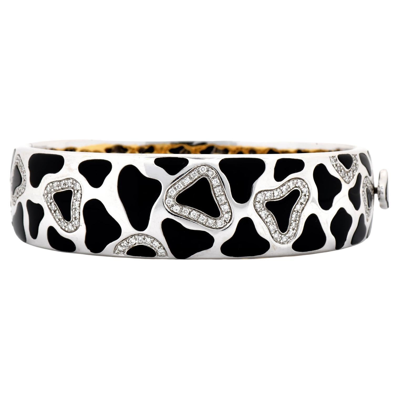 Roberto Coin Panda Diamond Black Onyx 18K White Gold Bangle Bracelet For Sale