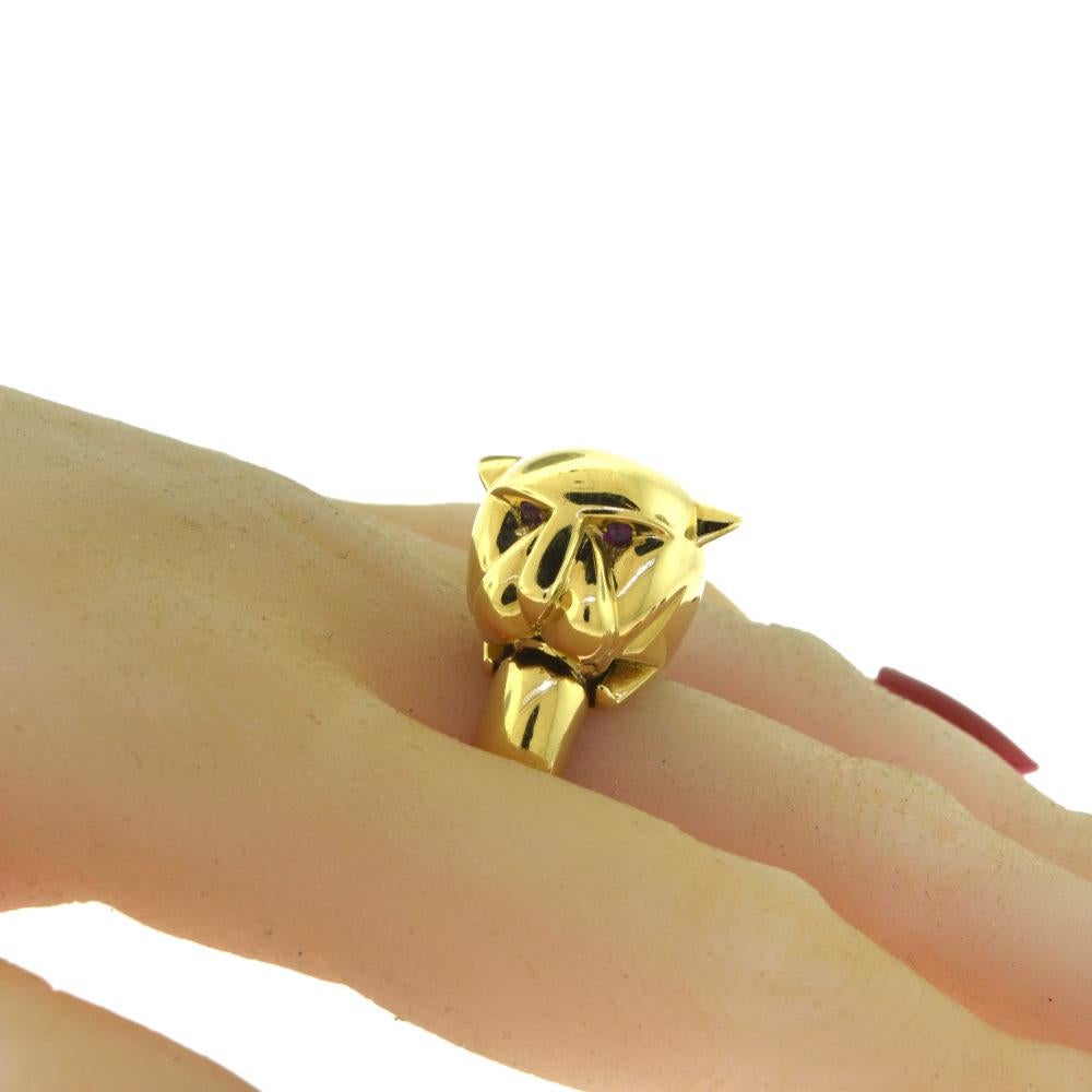 Women's or Men's Roberto Coin Panther Head with Ruby Eyes Flexible 18 Karat Yellow Gold Ring