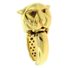 Roberto Coin Panther Head with Ruby Eyes Flexible 18 Karat Yellow Gold Ring