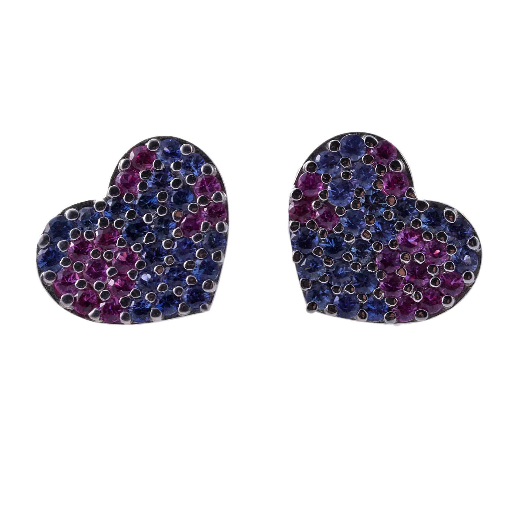 Roberto Coin pink and blue sapphire heart stud earrings. Earrings measure 15mm x 15mm. Marked: RC,750, 1226VI. Weight is 5.5 grams. New store sample. Retail Value $3080. Tags removed for photographing.