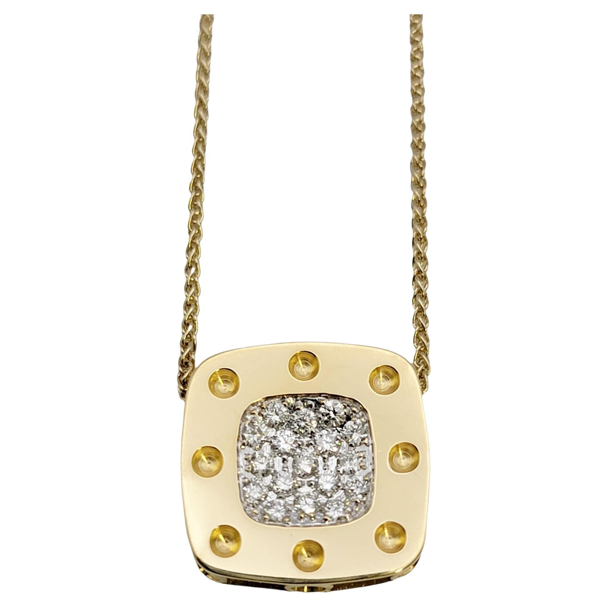 Roberto Coin Pois Moi Pave Diamond Square Pendant Necklace 18 Karat Yellow Gold For Sale