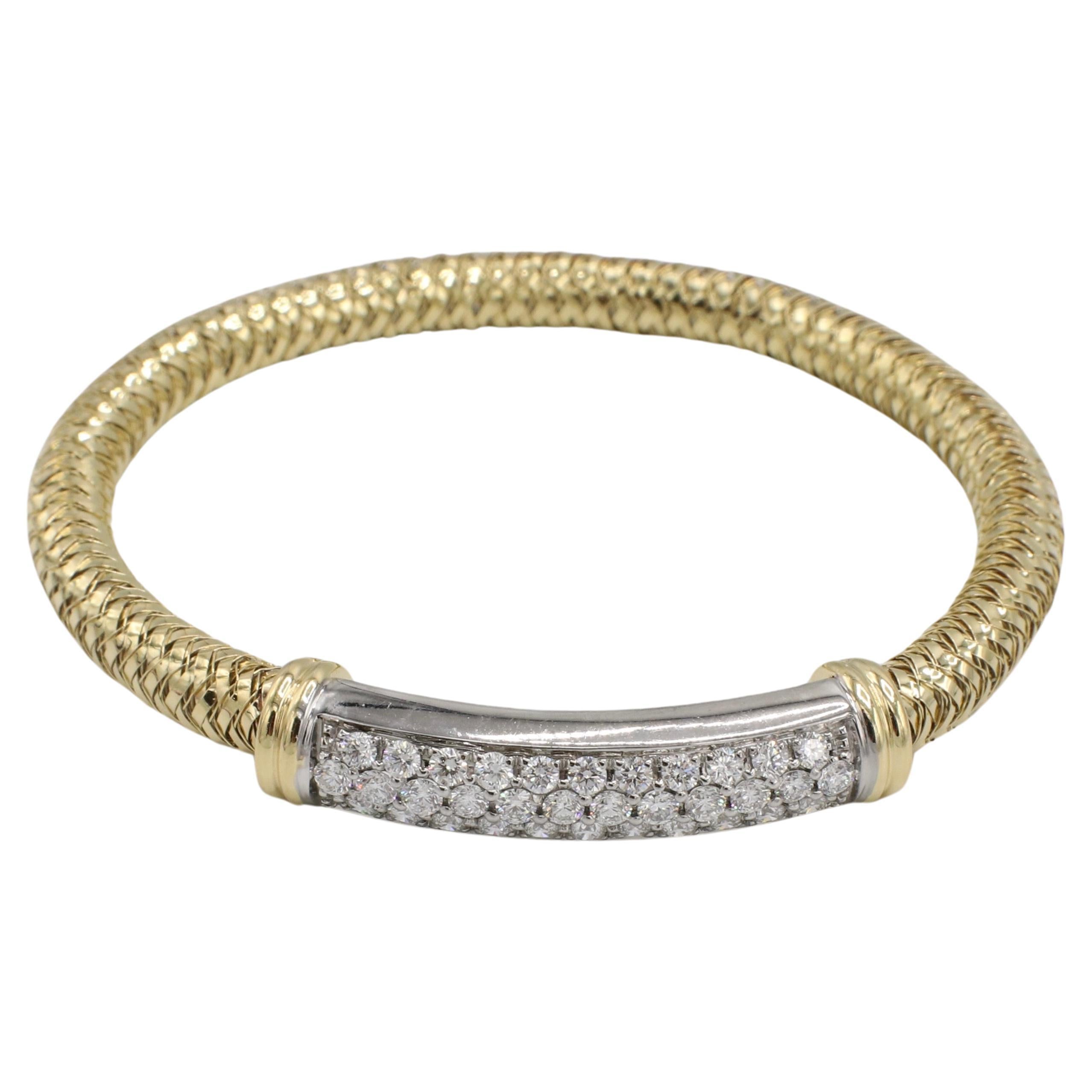 Roberto Coin Primavera 18 Karat Yellow Gold & Pave Natural Diamond Bar Stretch Bracelet 
Metal: 18k yellow gold & white gold
Weight: 16.27 grams
Diamonds: Approx. 1.50 CTW F-G VS round natural diamonds
Circumference: 6.5 inchse
Width: 5mm
Pave