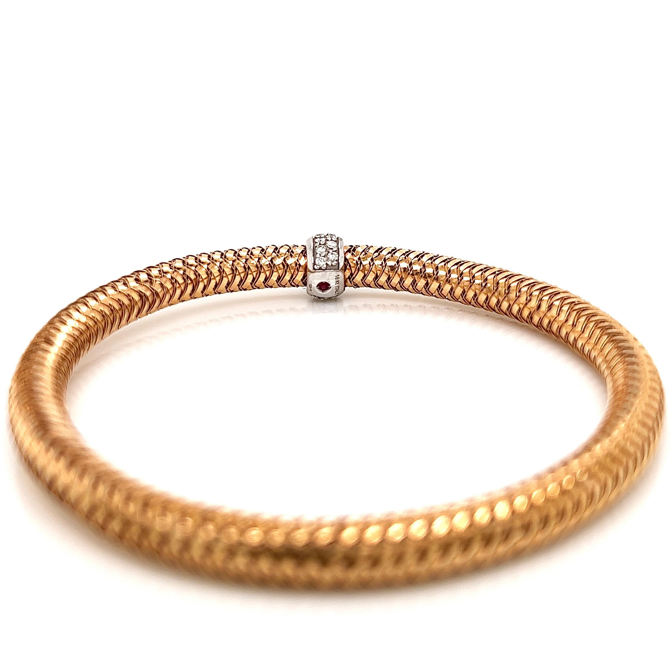 Roberto Coin 18K Rose Gold Primavera Diamond Station Flexible Bracelet.
Size is adjustable up to 7.75 inches
Approx. .22 total carat weight of natural Diamonds