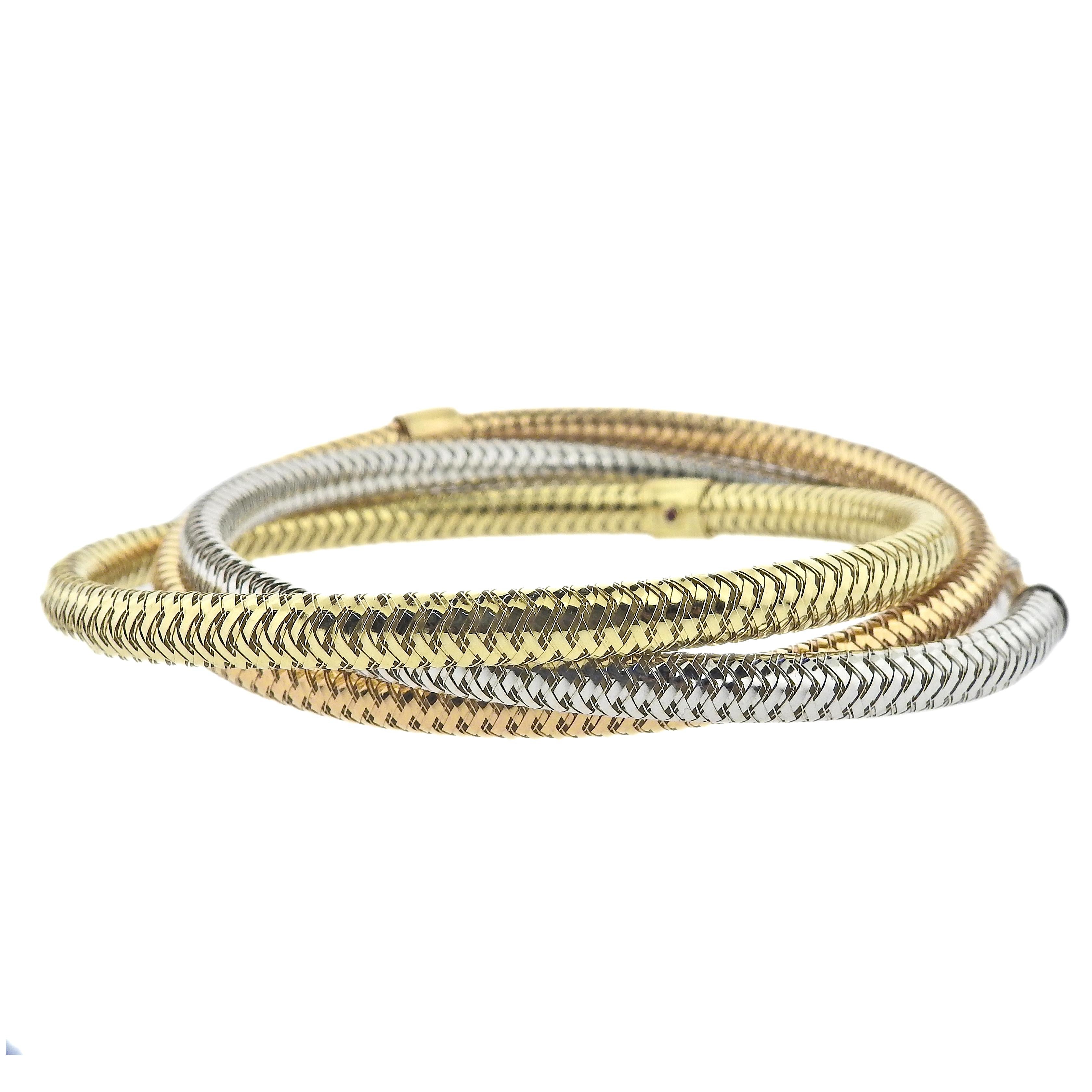 Roberto Coin Primavera collection 18k yellow, rose and white gold mesh bangle bracelet. Internal measurement is 2 3/4