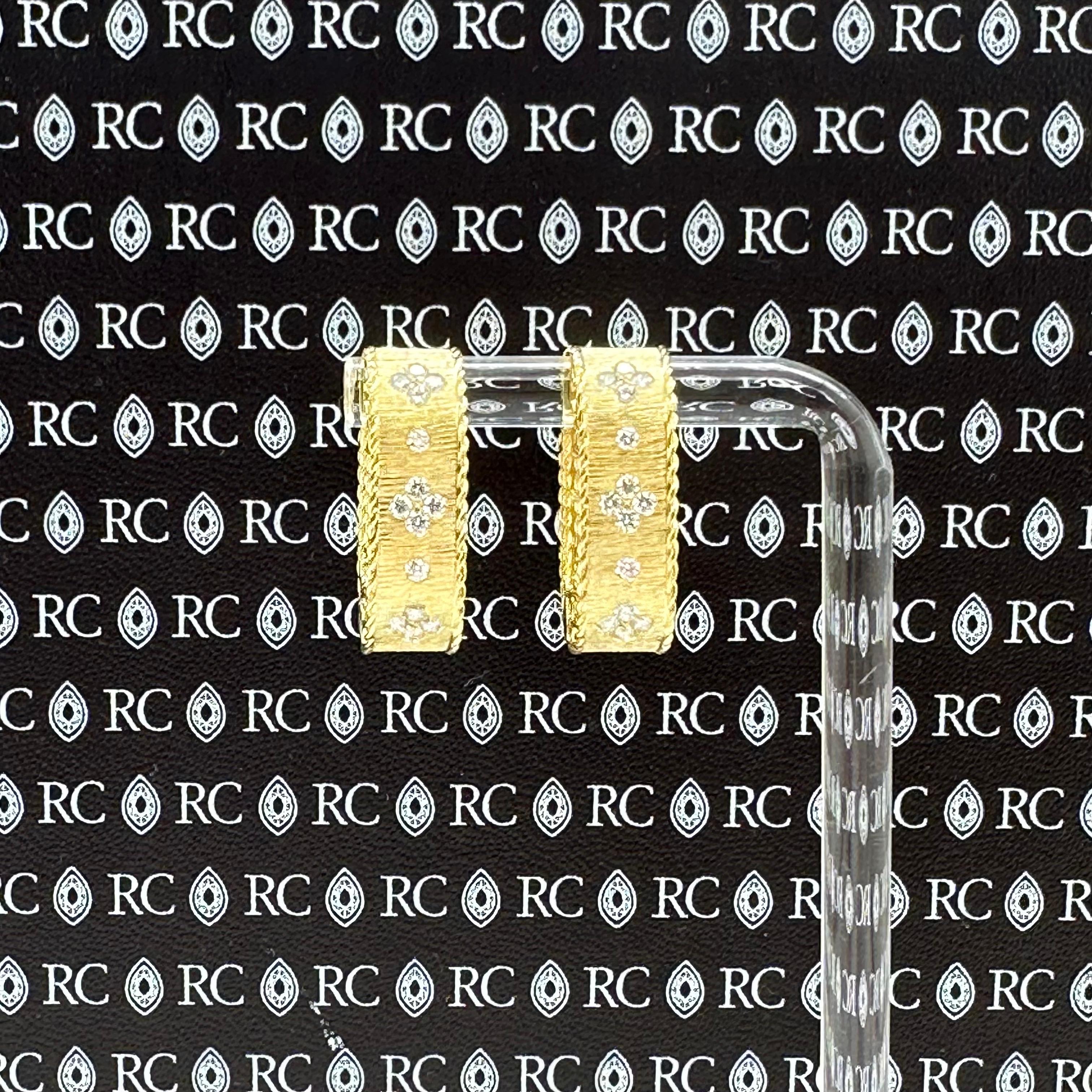 Roberto Coin Princess Diamond Square Hoop Earrings Satin Finish 
Style:  Hoop
Ref. number:  8883399AXERX
Metal:  18Kt Yellow Gold
Size / Measurements:  20 mm Length - 5 mm Width
TCW:  0.38 tcw
Main Diamond:  28 Round Brilliant Diamonds
Hallmark:  RC