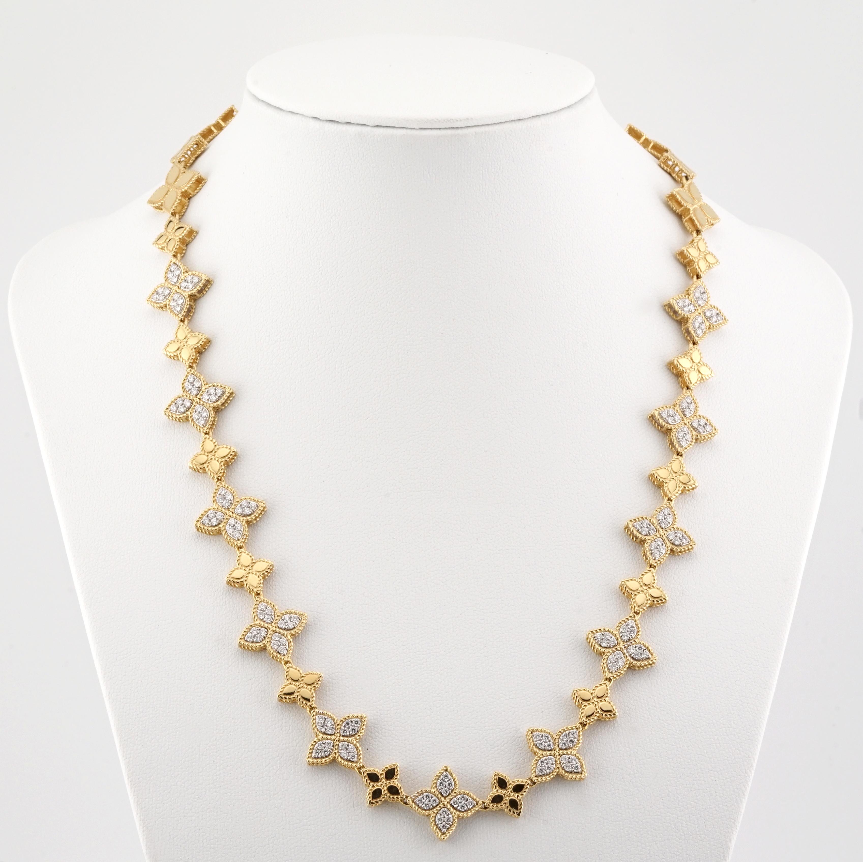 Delicate yet striking, the Princess Flower necklace by Roberto Coin celebrates the timeless elegance of nature through its intricate floral motifs. Handcrafted in 18ct yellow gold, this luxurious piece features a series of meticulously designed