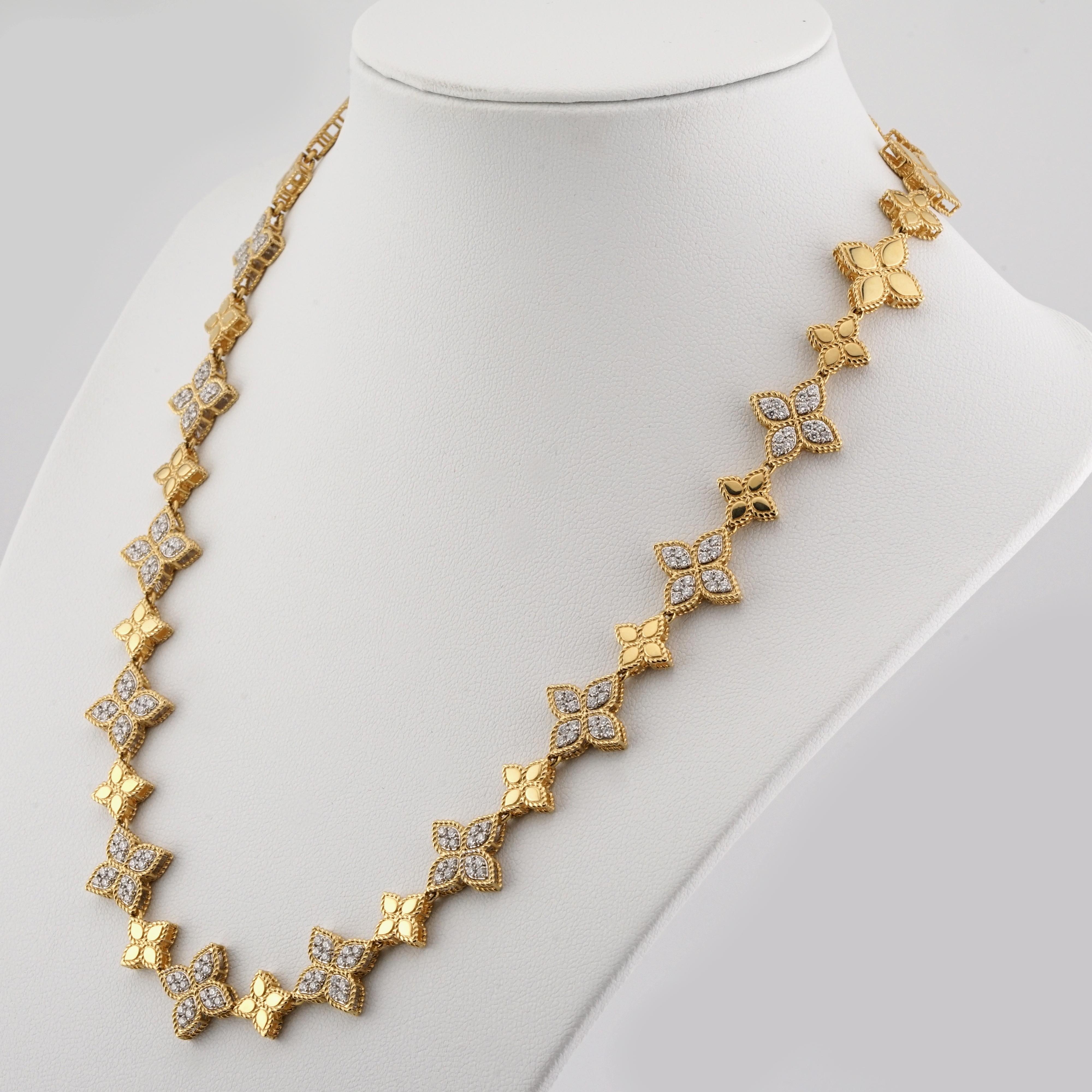 Contemporary Roberto Coin Princess Flower 18ct Yellow Gold and Diamond Necklace For Sale