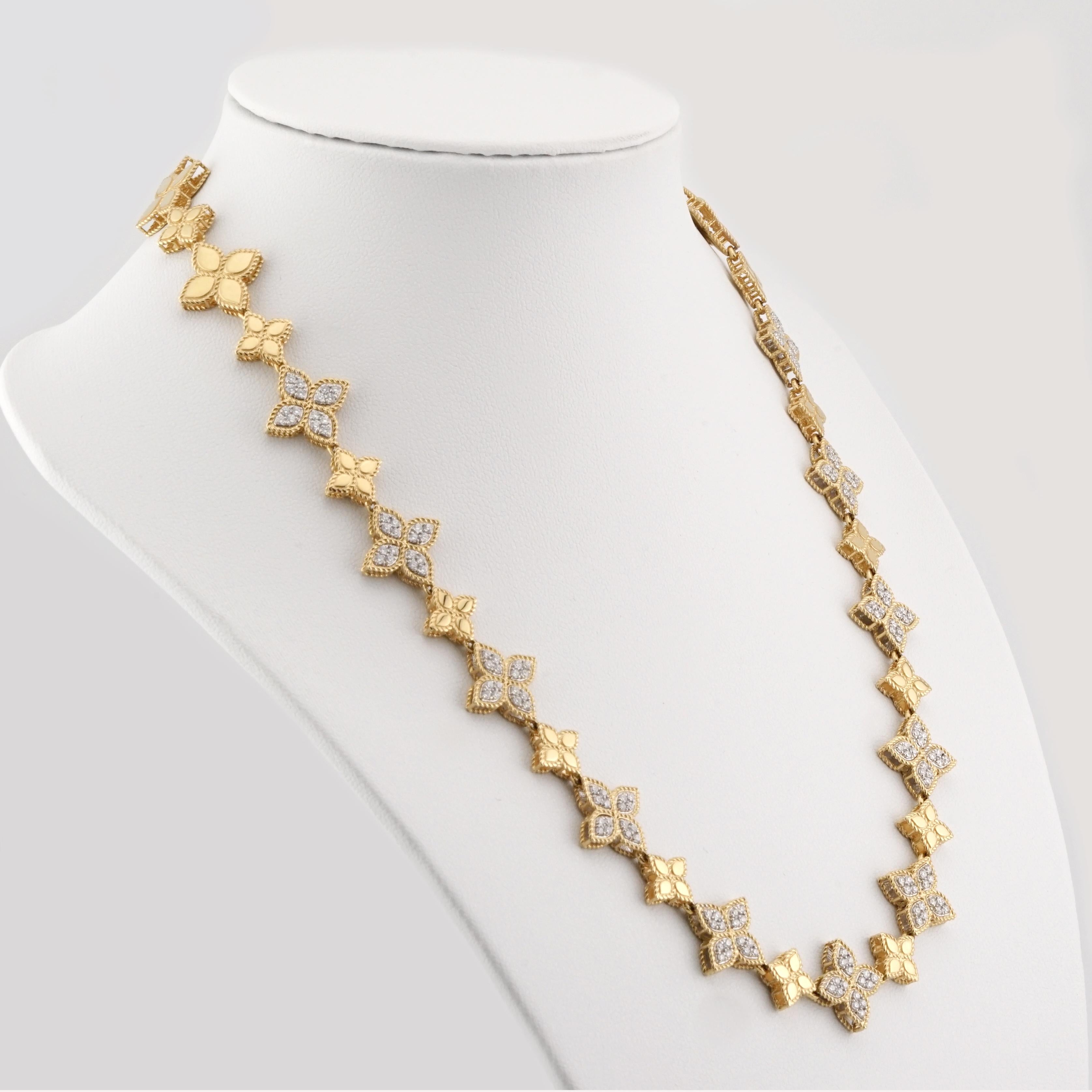 Round Cut Roberto Coin Princess Flower 18ct Yellow Gold and Diamond Necklace For Sale