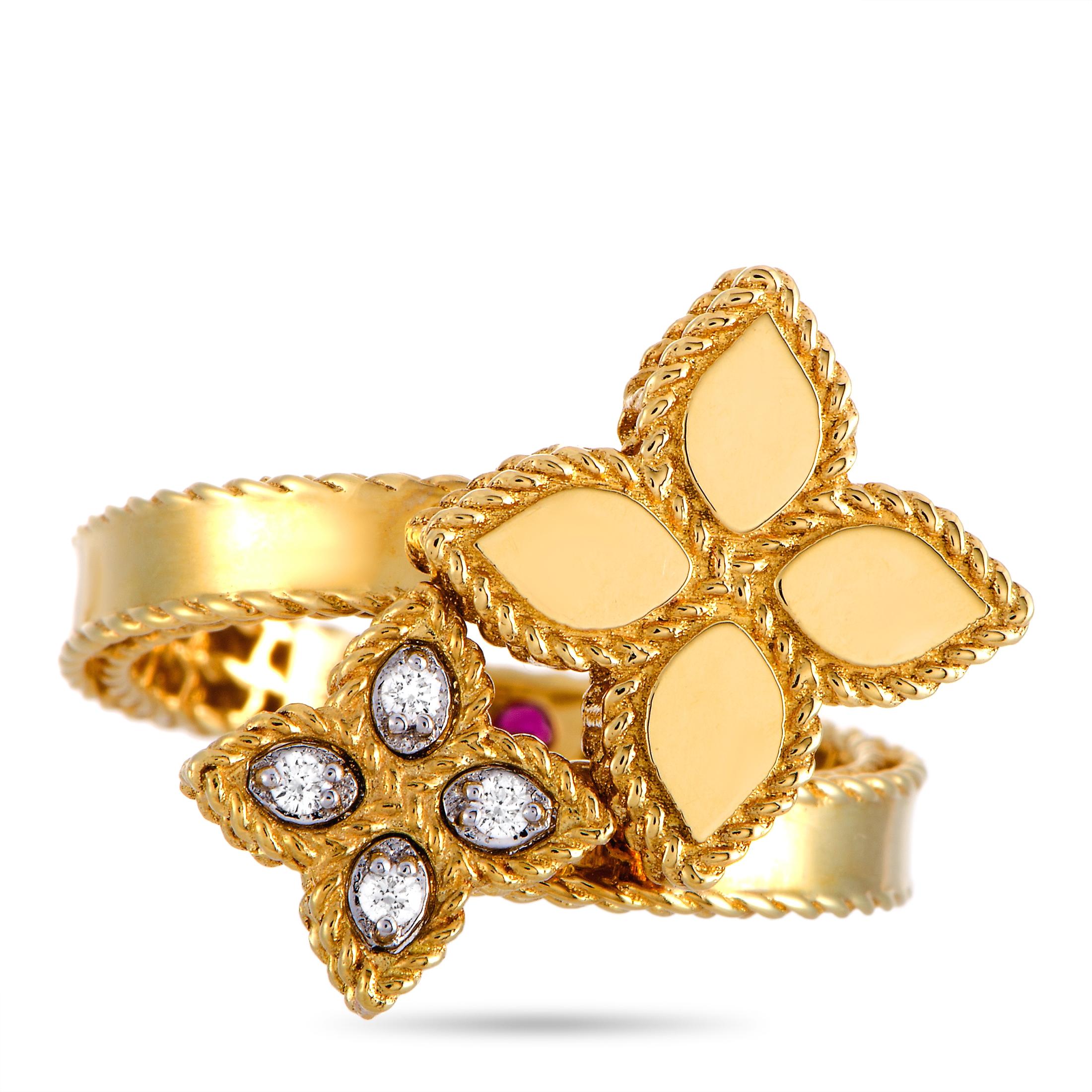 Roberto Coin Princess Flower 18 Karat Yellow Gold Diamond Two Flowers Ring In New Condition In Southampton, PA