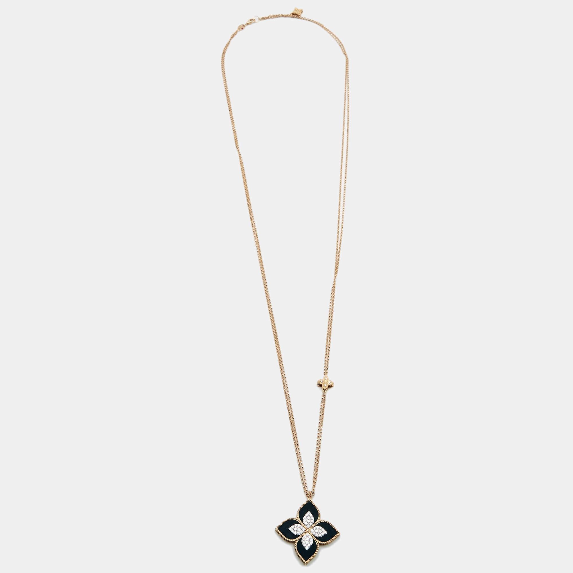 This gorgeous necklace from Roberto Coin has been brought to life by skilled craftsmen with such precision that every line and curve is smoothened to perfection. The necklace is sculpted using 18k rose gold and designed with a single chain and a