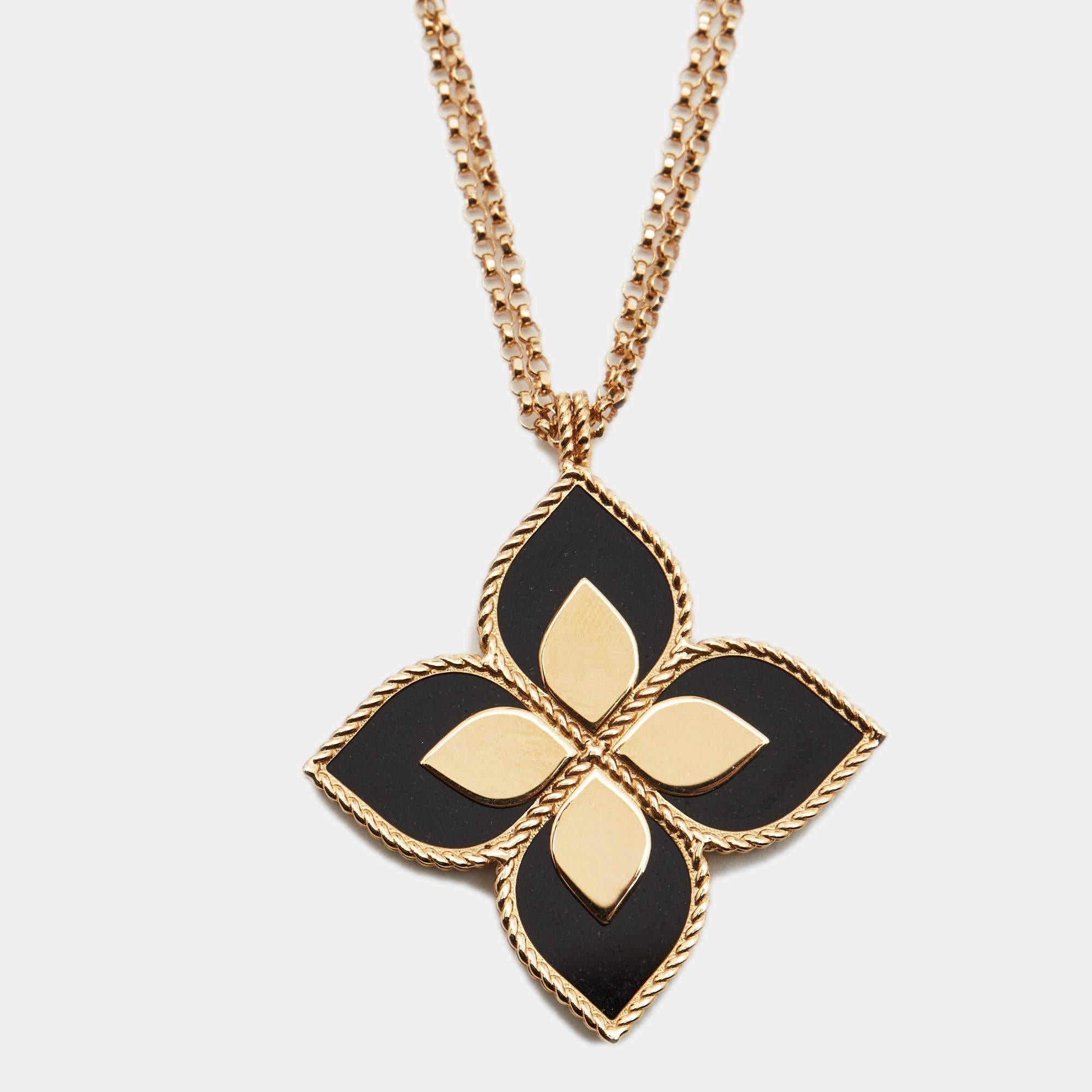 Women's Roberto Coin Princess Flower Black Jade Diamonds 18k Rose Gold Pendant Necklace
