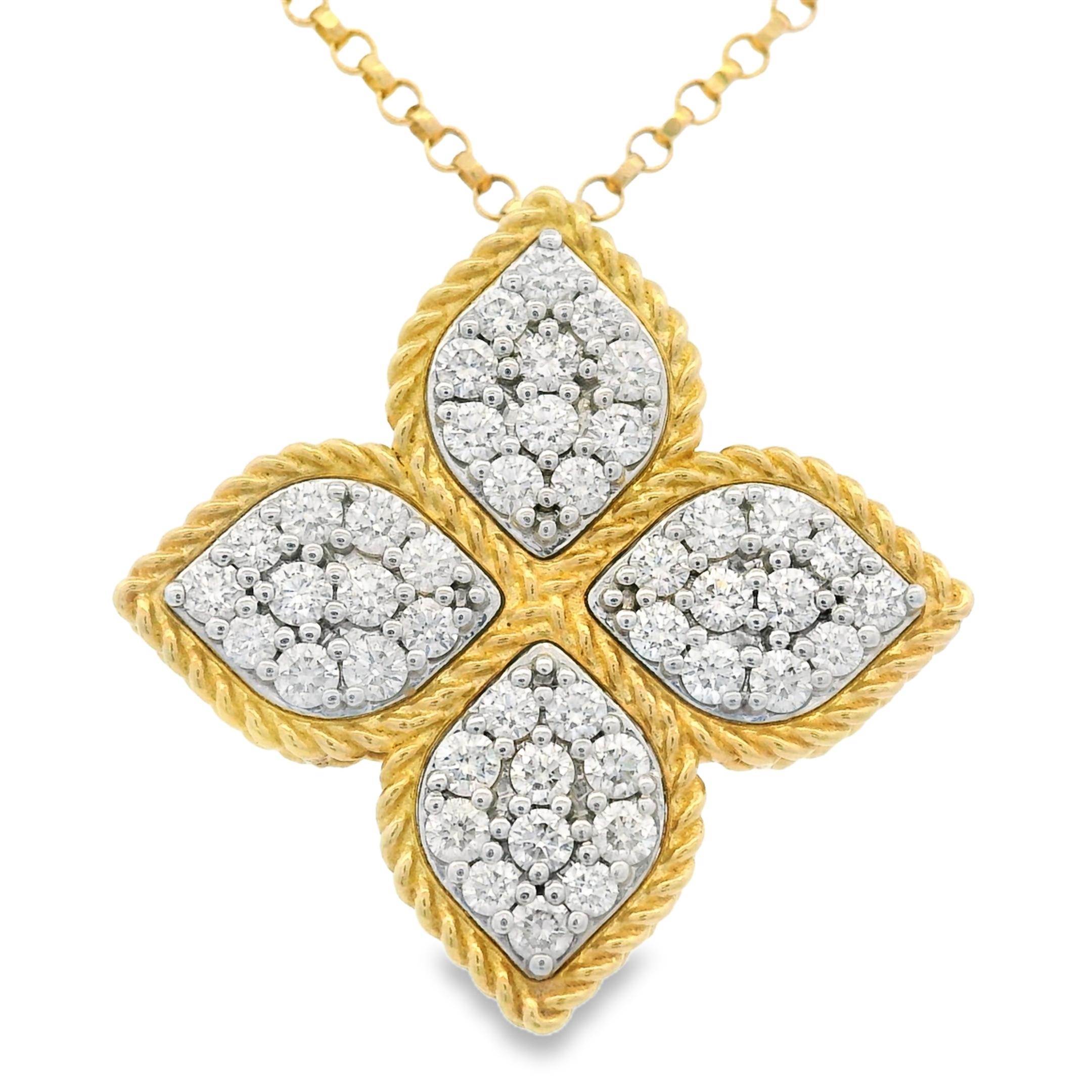 Roberto Coin - Collana con ciondolo con diamante a forma di fiore in oro giallo 18k

Designer: Roberto Coin
Materiale: Oro giallo e bianco 18k
Dettagli sui diamanti: Ci sono circa 0.45 carati di diamanti naturali, taglio brillante rotondo.
Chiarezza