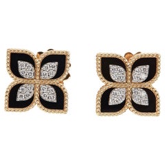 Roberto Coin Princess Flower Diamonds Black Jade 18k Rose Gold Earrings