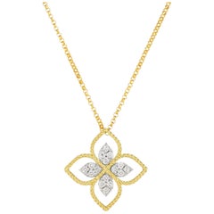 Roberto Coin Princess Flower Large Yellow Gold Diamond Pendant Necklace 1/6ct