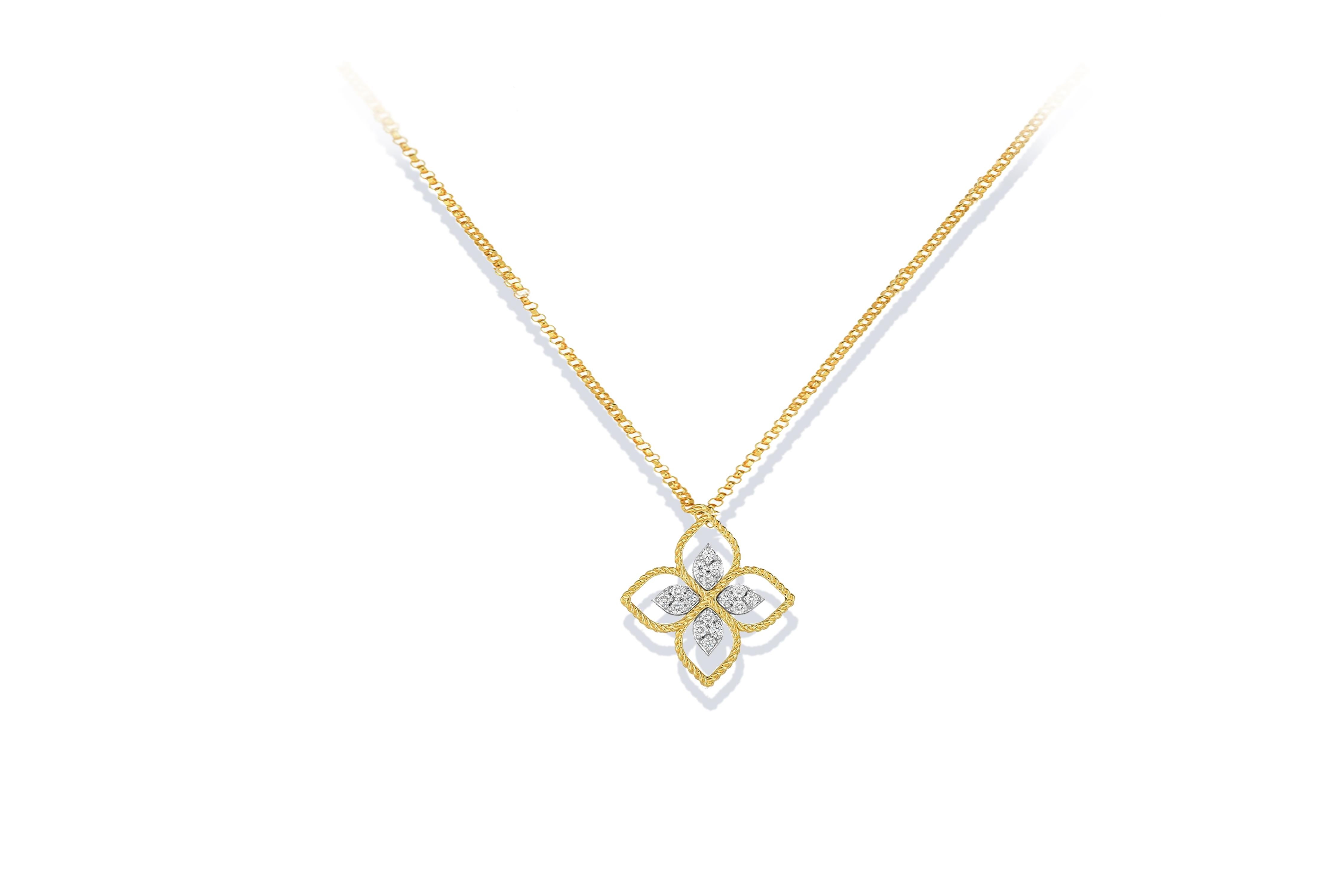 From Roberto Coin, this alluring 18k yellow gold pendant is perfect by itself, but it has so much more of an impact when worn with other Roberto Coin pieces! In Roberto Coin's Princess Flower. 
SPECIFICATIONS
Chain Length: 17 in
Metal: 18k Yellow